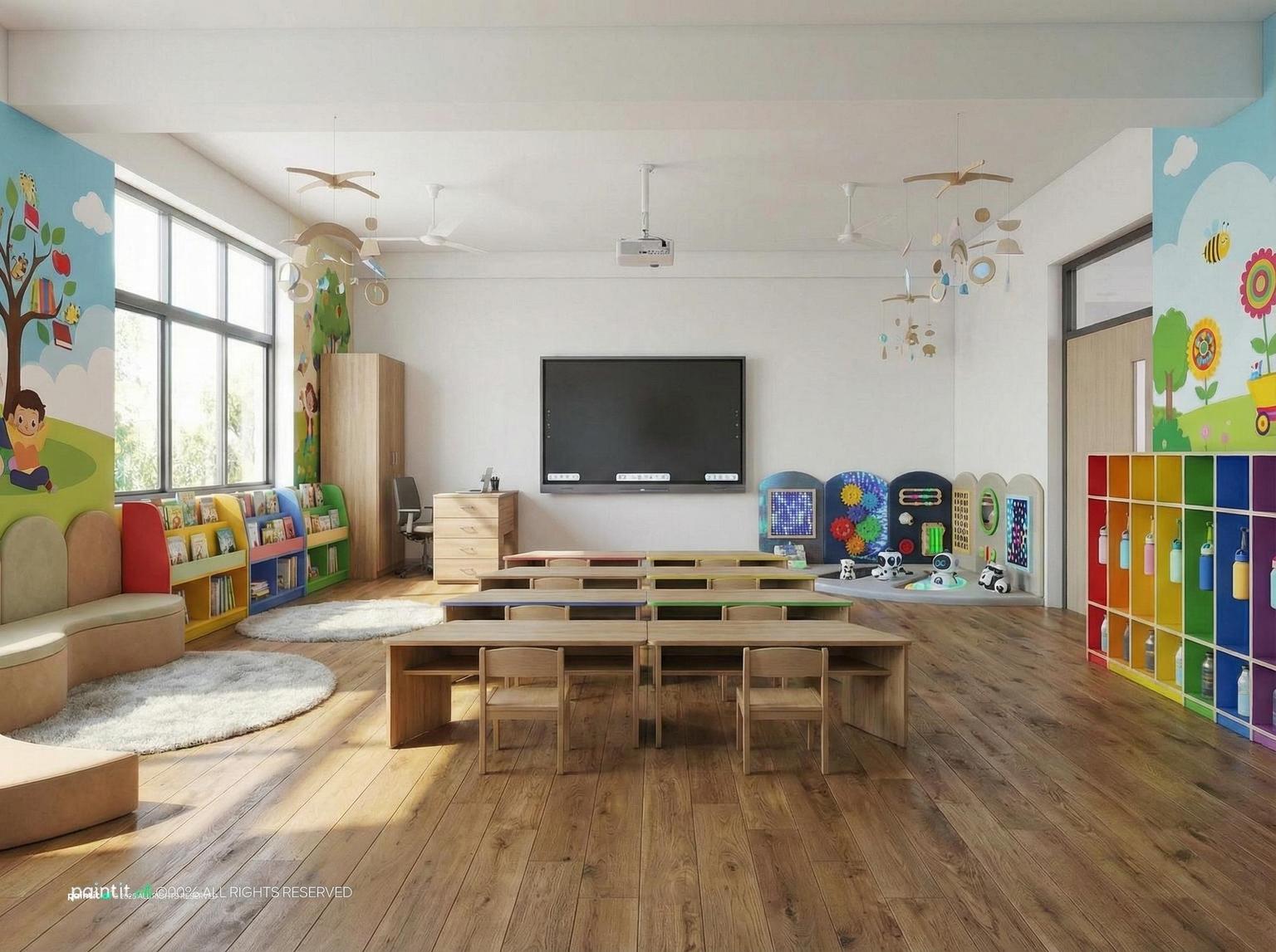 Modern preschool classroom with small tables, colorful storage lockers and a wall screen