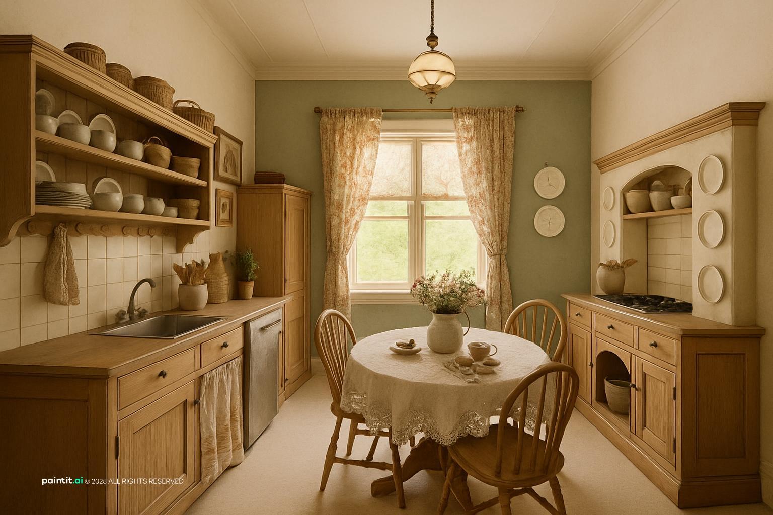 Cottagecore kitchen with wooden cabinets, a plate rack, a round table with a lace cloth and floral curtains