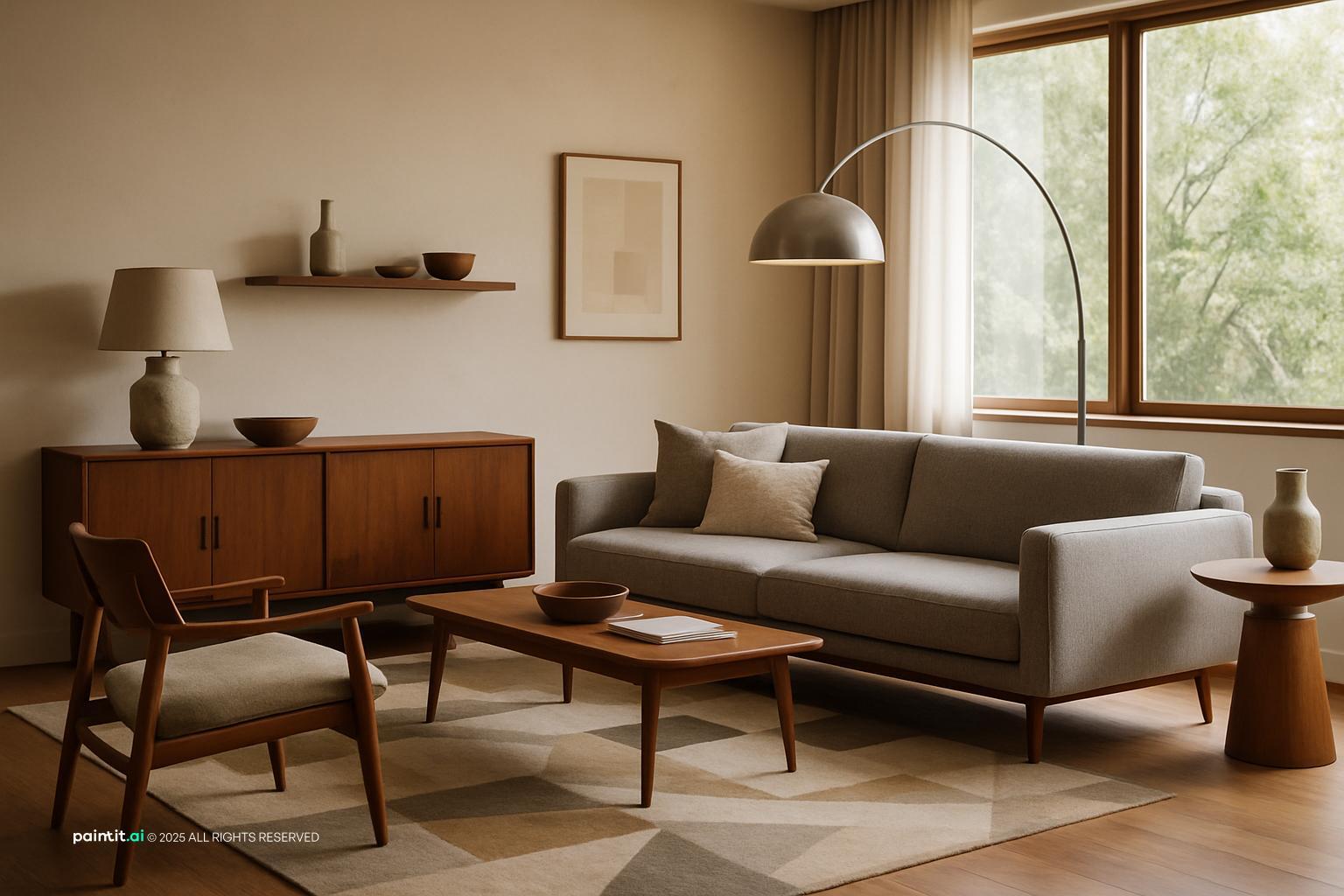 Mid century living room with a grey sofa, an arc floor lamp and a teak sideboard