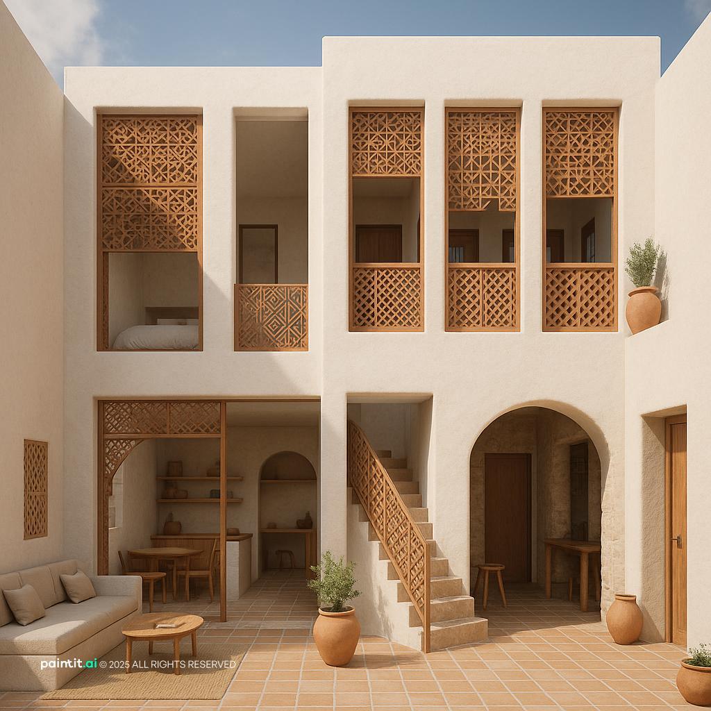 Contemporary Berber-Inspired Living Room with a 70s inspired earthy palette.