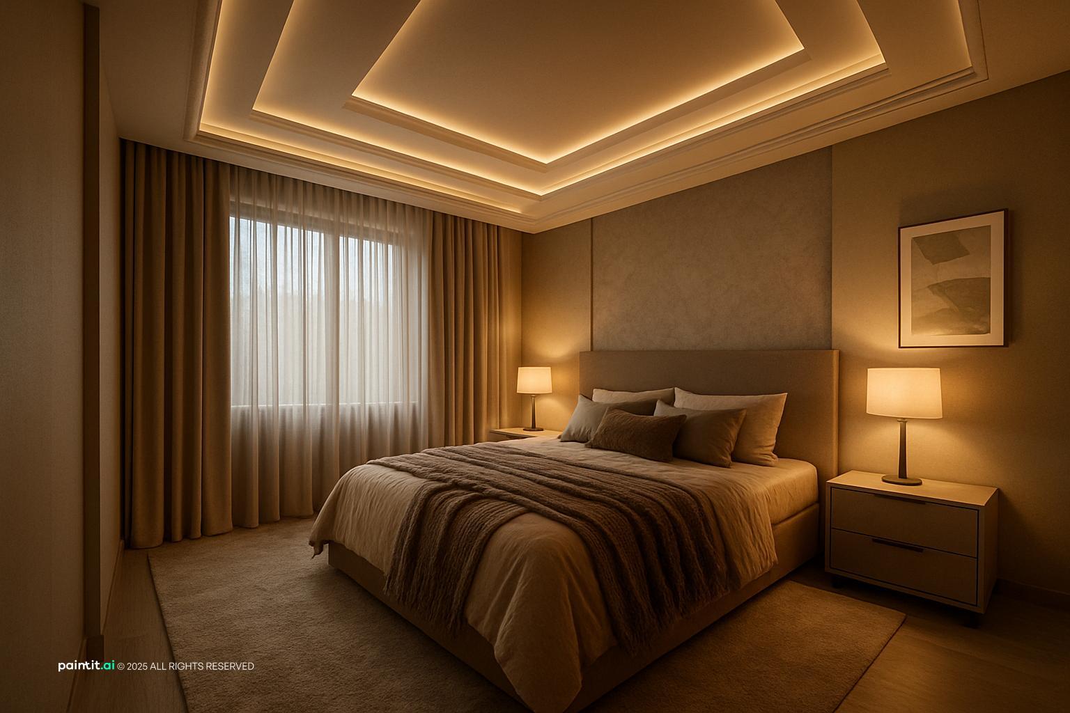 Contemporary bedroom in taupe and brown with a lit coffered ceiling and layered bedding
