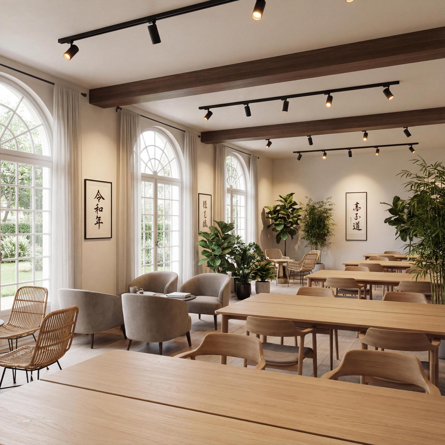 Authentic Japanese-inspired living room design, featuring traditional elements, natural light, bamboo accents, and peaceful ambiance.