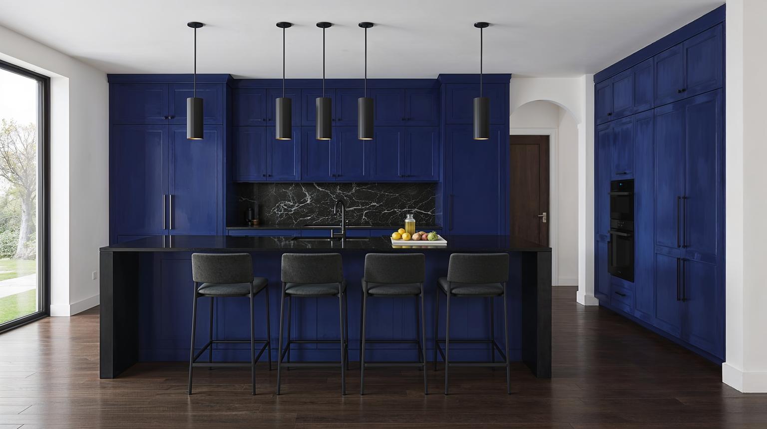 High-Contrast Black and Royal Blue Kitchen