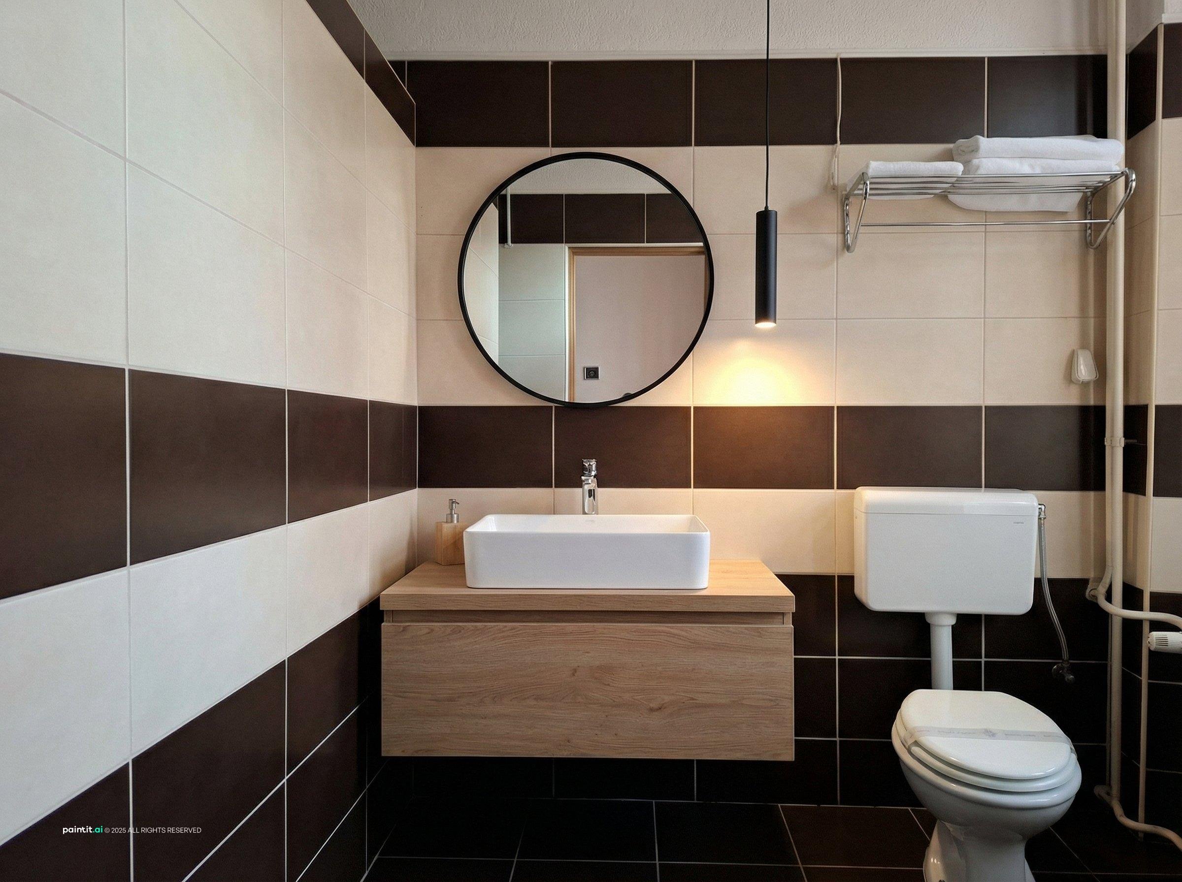 Compact hotel bathroom with a floating oak vanity, a white vessel sink and a round mirror above it