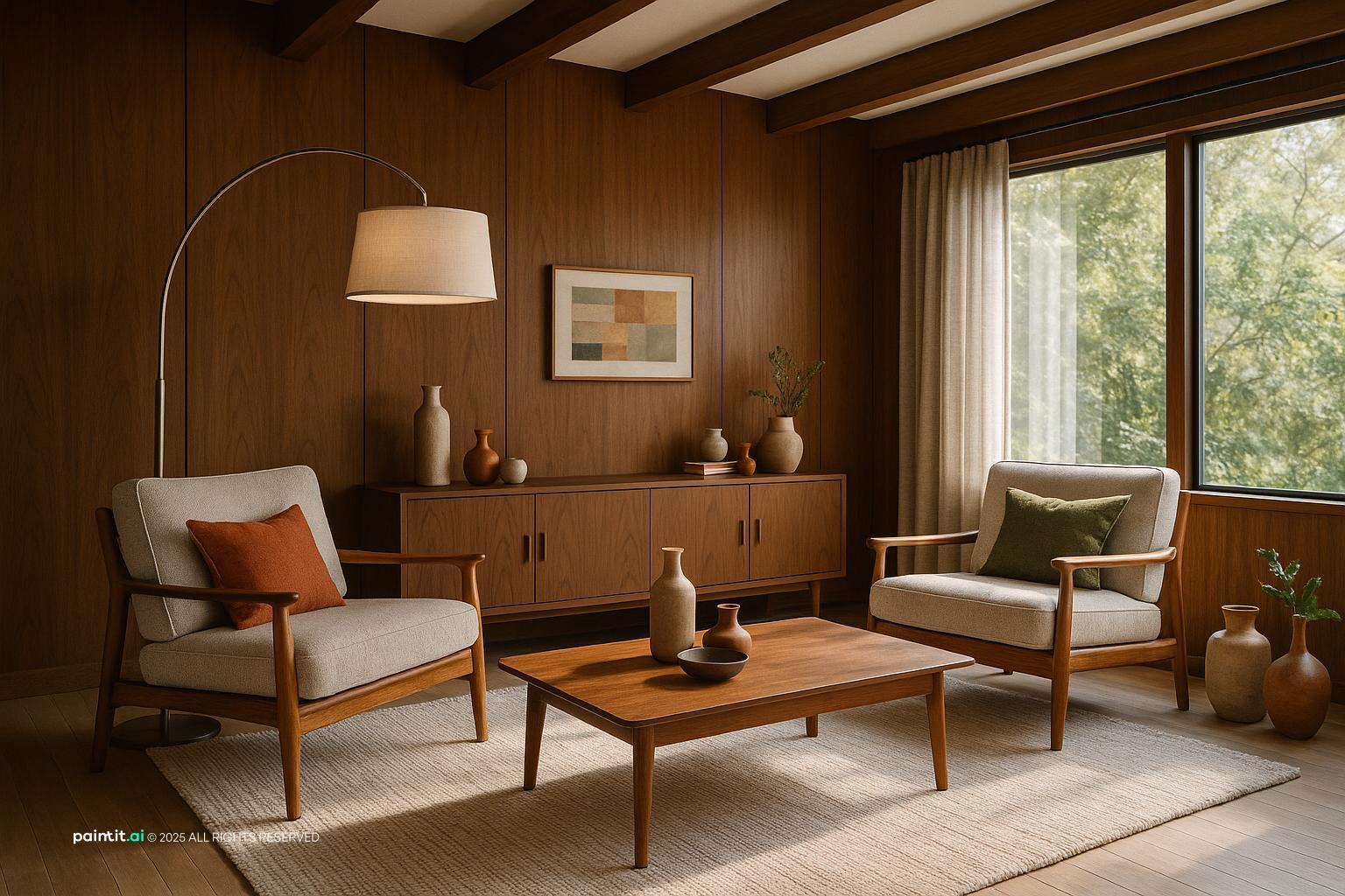 Midcentury Modern Living Room Design with natural wood and a calm living room atmosphere.