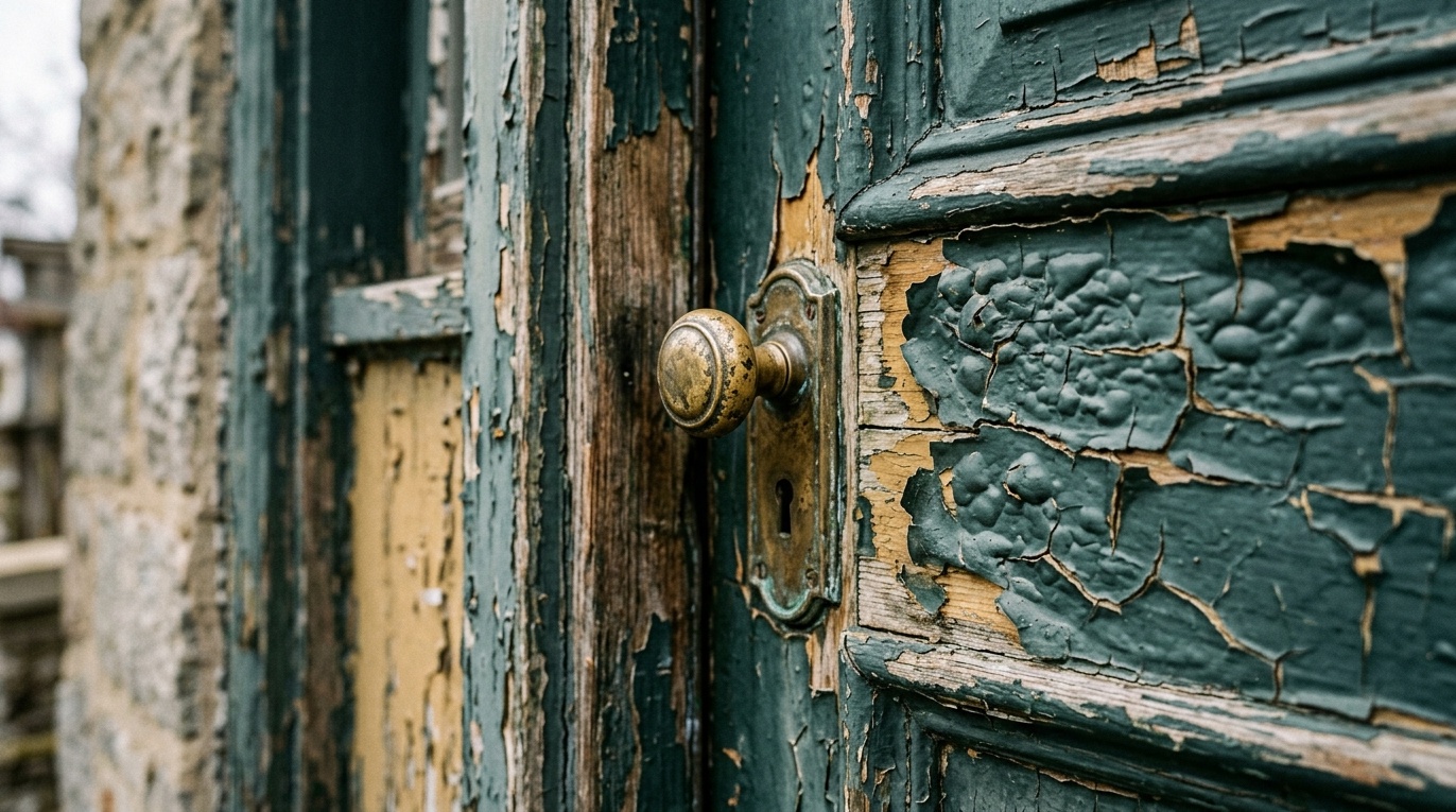 weathered front door showing visible paint peeling and bubbling near the handle, cracked finish exposing an old coat underneath