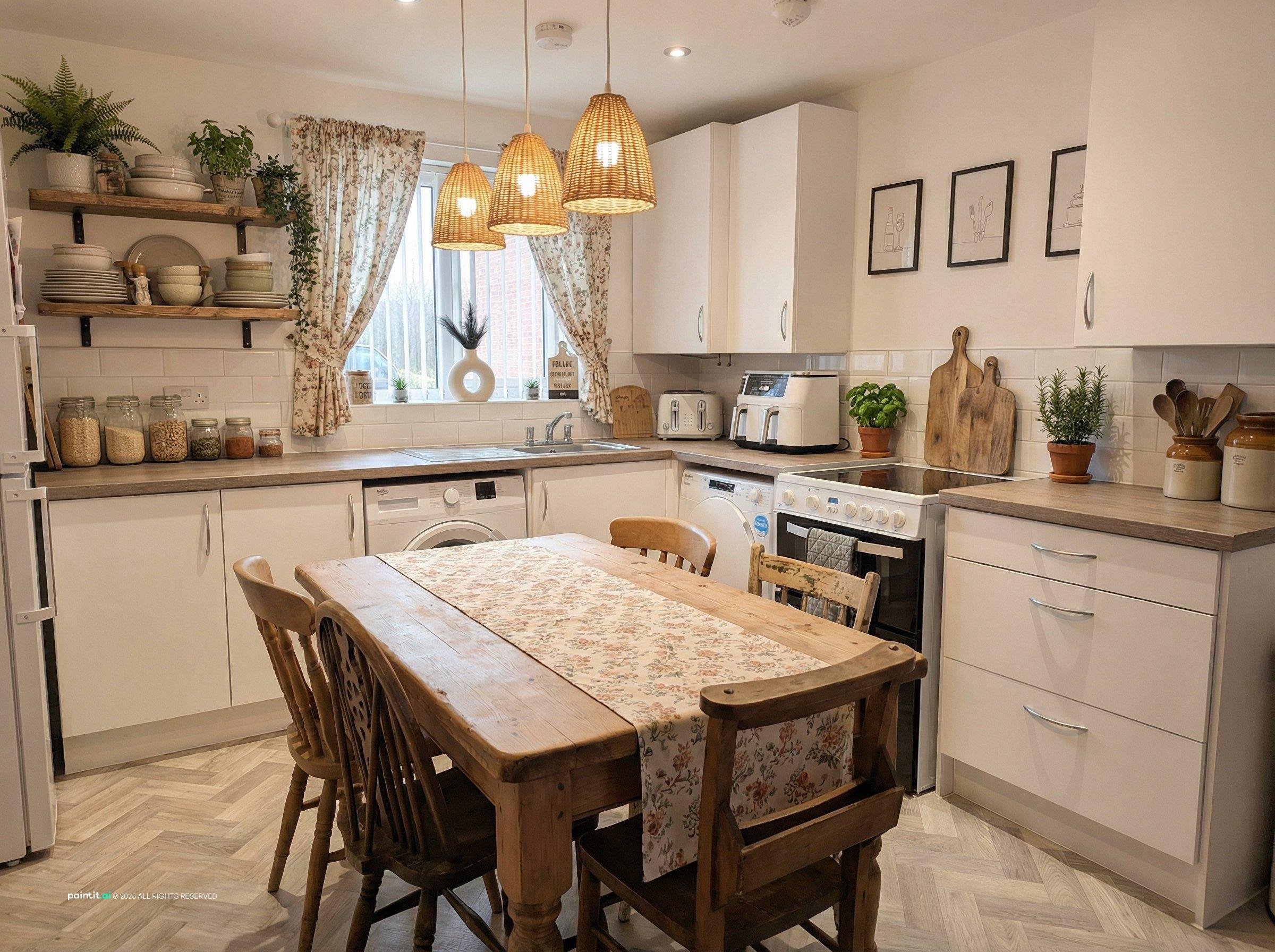 Cottage-style kitchen with floral curtains, open wood shelving, and wicker pendant lights