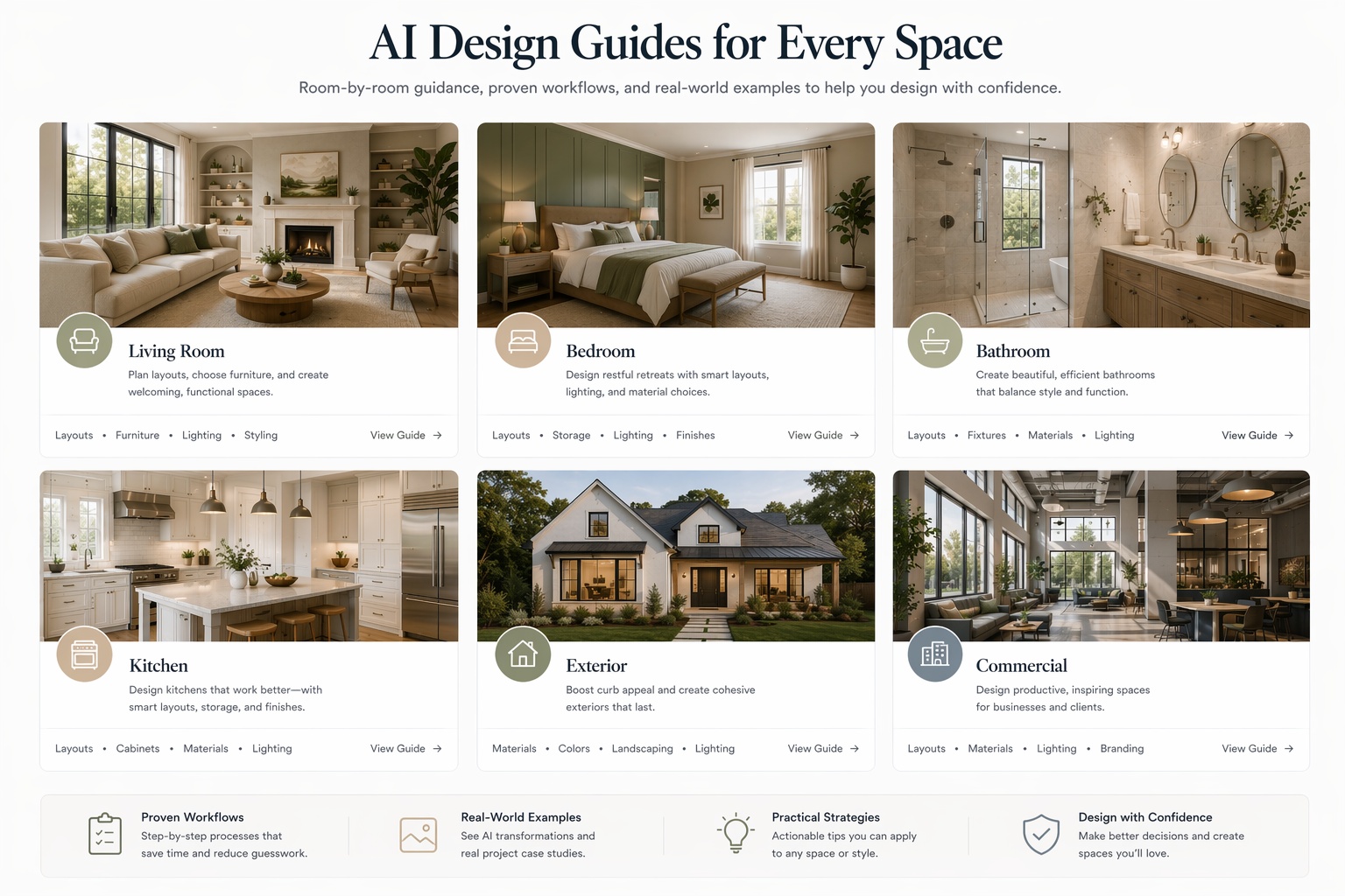 Room-by-room grid of Paintit.ai guides including living room, bedroom, bathroom, kitchen, exterior, and commercial space design