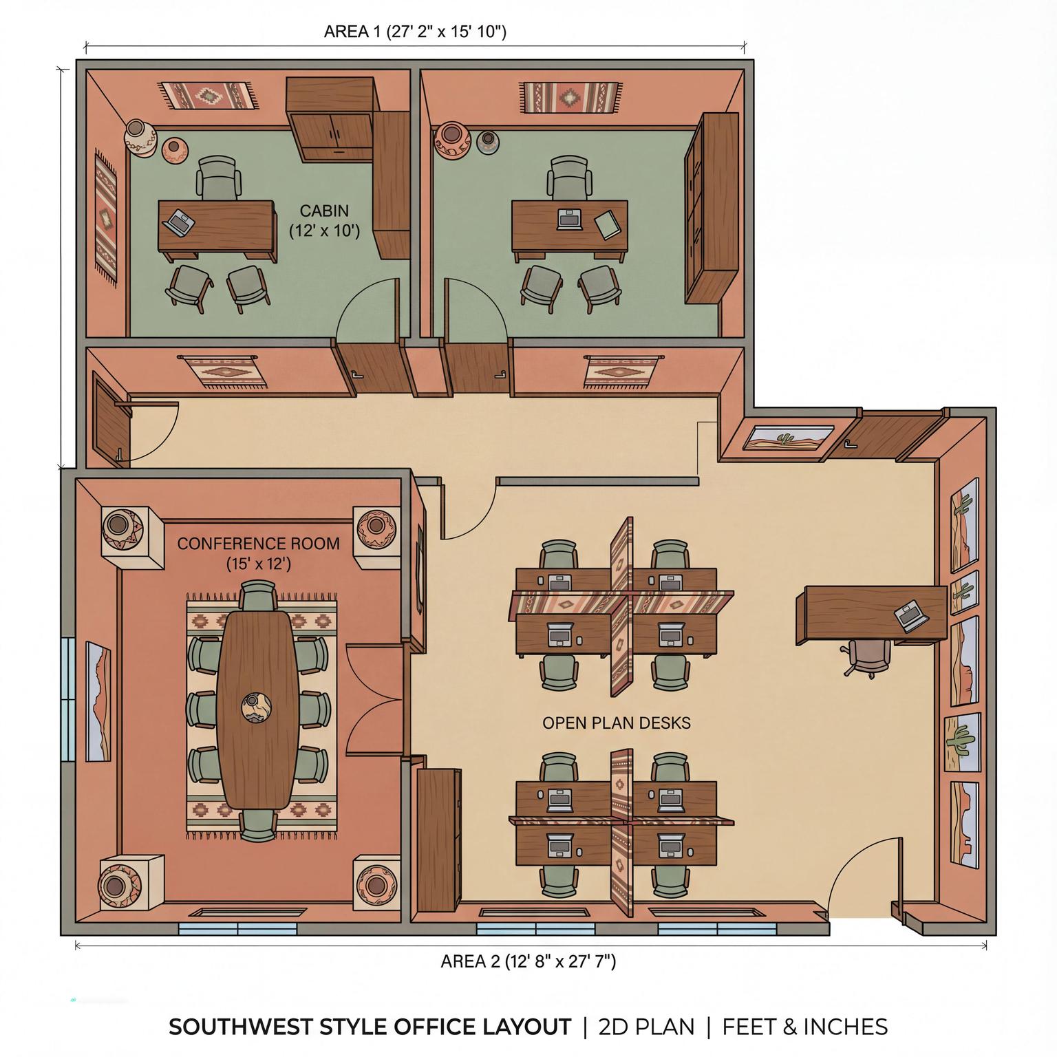 Santa Fe room with pottery, patterned textiles, and earth tones