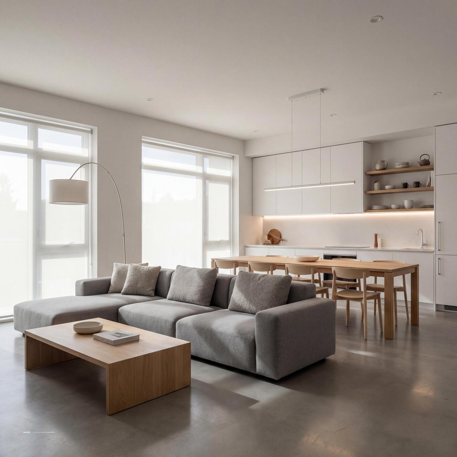 Modern minimalist double living room with integrated kitchen, optimizing space with sleek design for distinct zones.