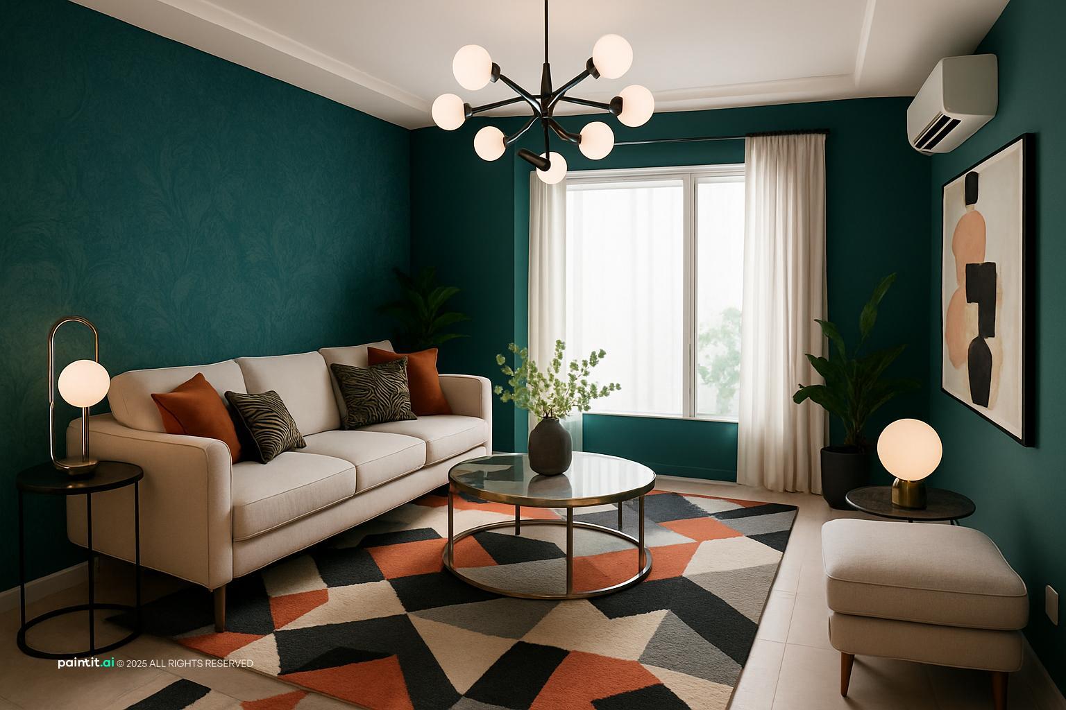 Living room with a deep teal wall, a white sofa, a sputnik chandelier and a geometric rug