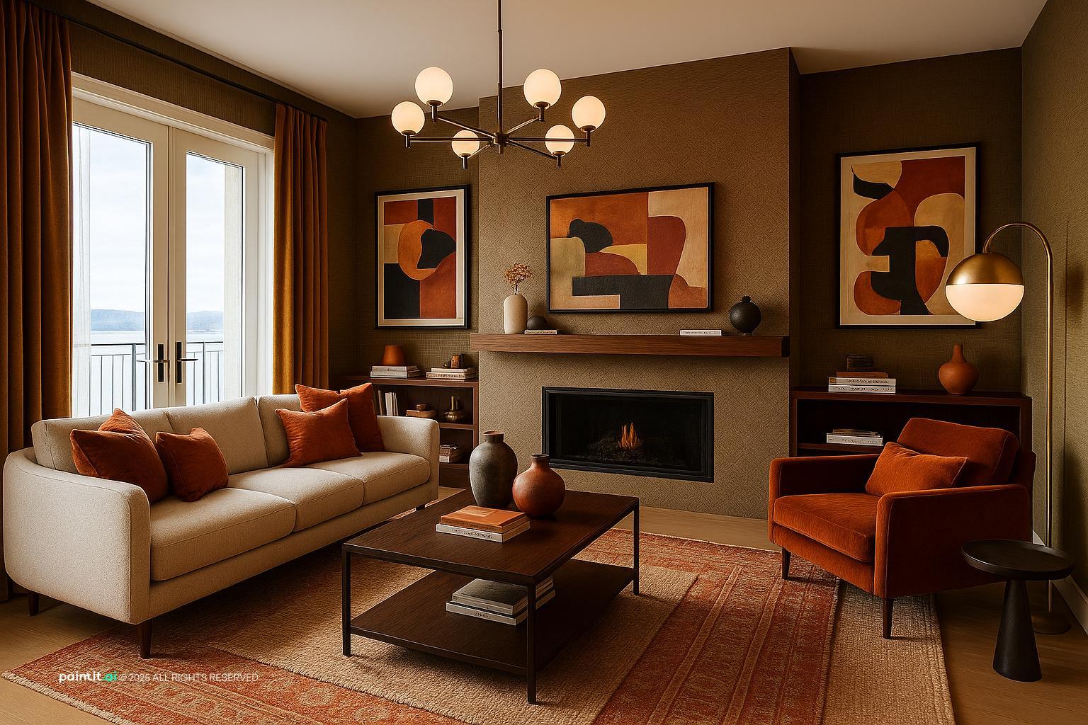 Living room with dark brown walls, a terracotta armchair, a fireplace and abstract art