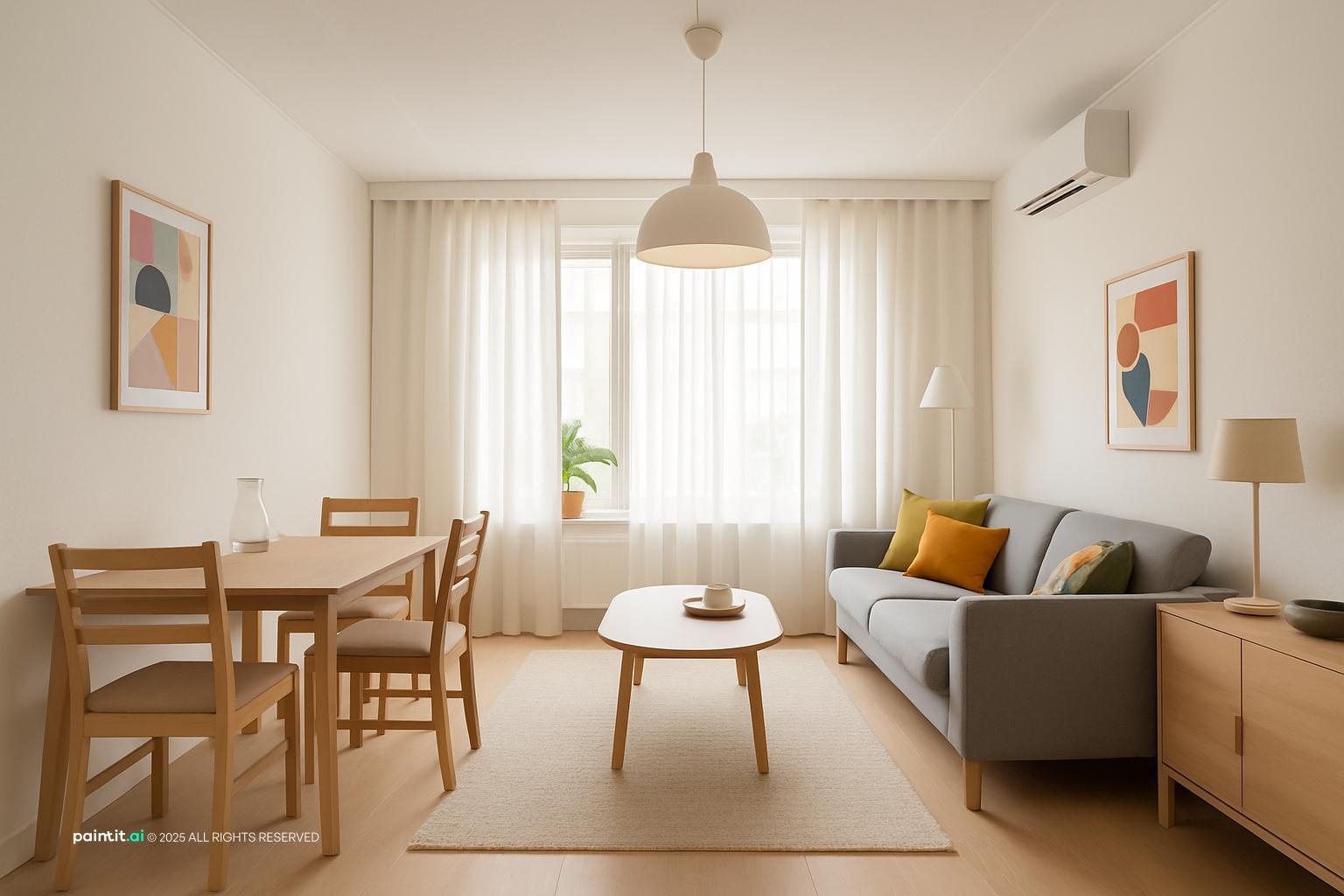 Scandinavian living room with white walls, a grey sofa, a wooden dining set and a pendant light
