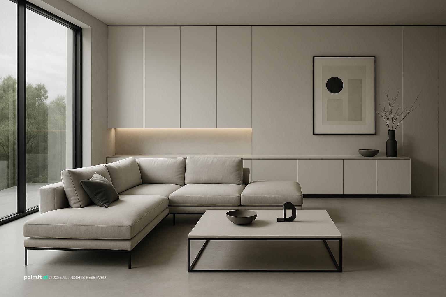 Modern Minimalist Living Room Design with Black Contrast showing black contrast, grey palette, layered neutrals for Black and Grey Living Room Ideas.