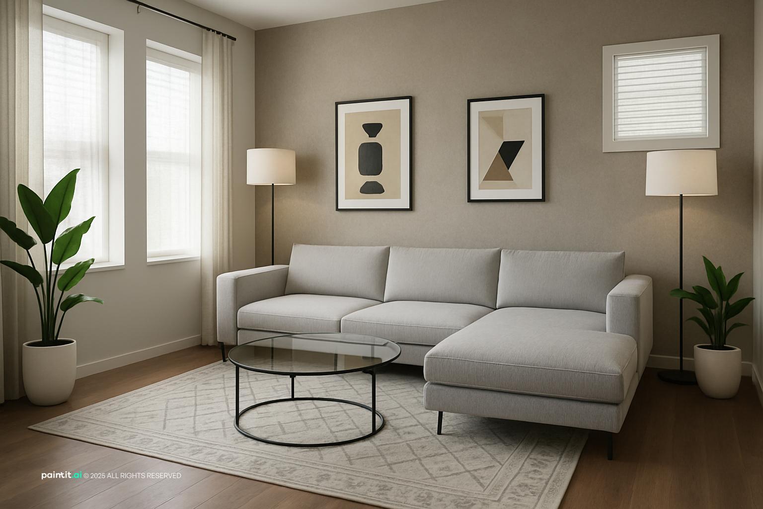 Living room with a greige accent wall, a light grey sectional and three abstract prints
