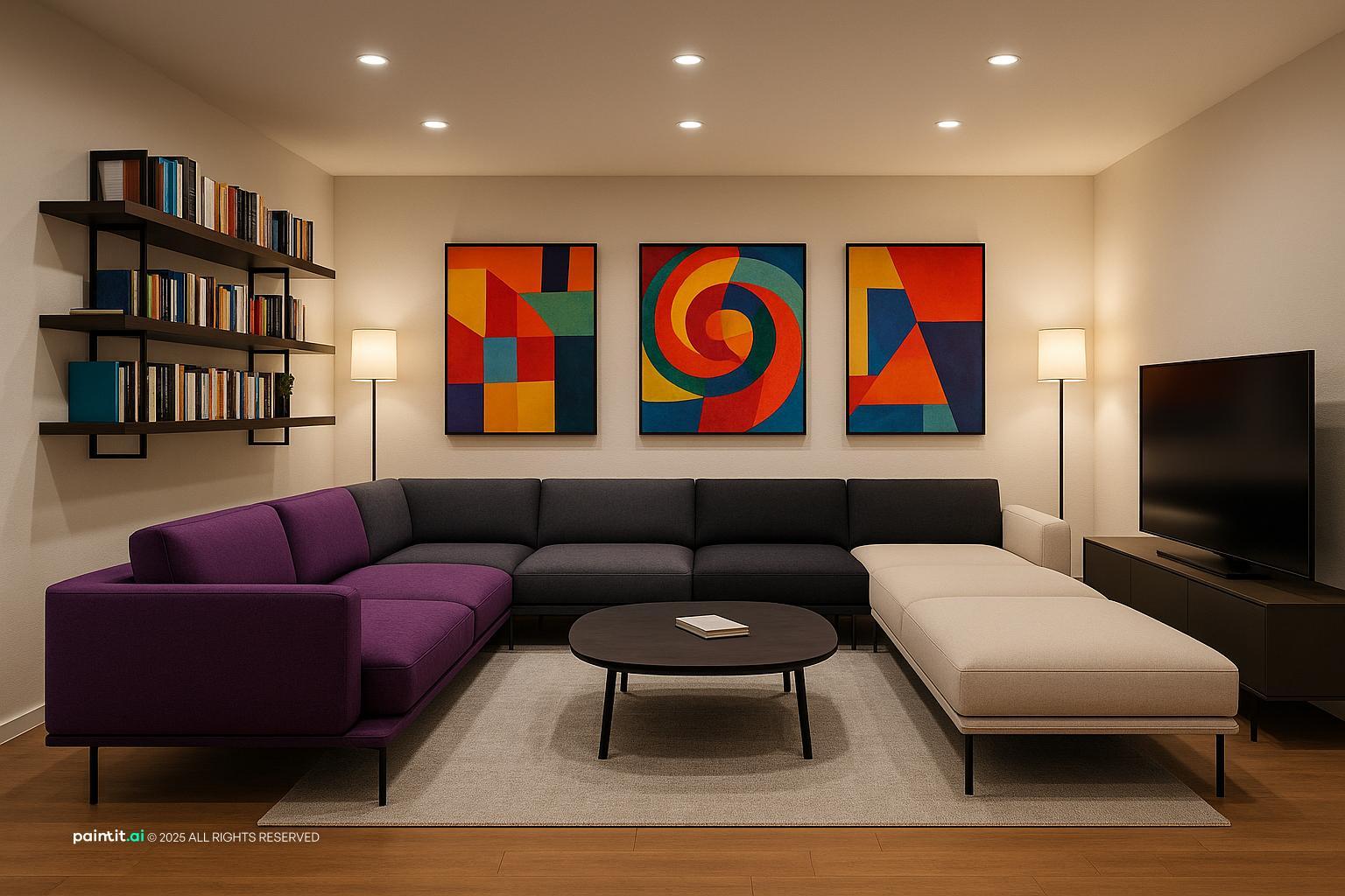 Living room with a purple sectional, a cream chaise, a black coffee table and colorful artwork