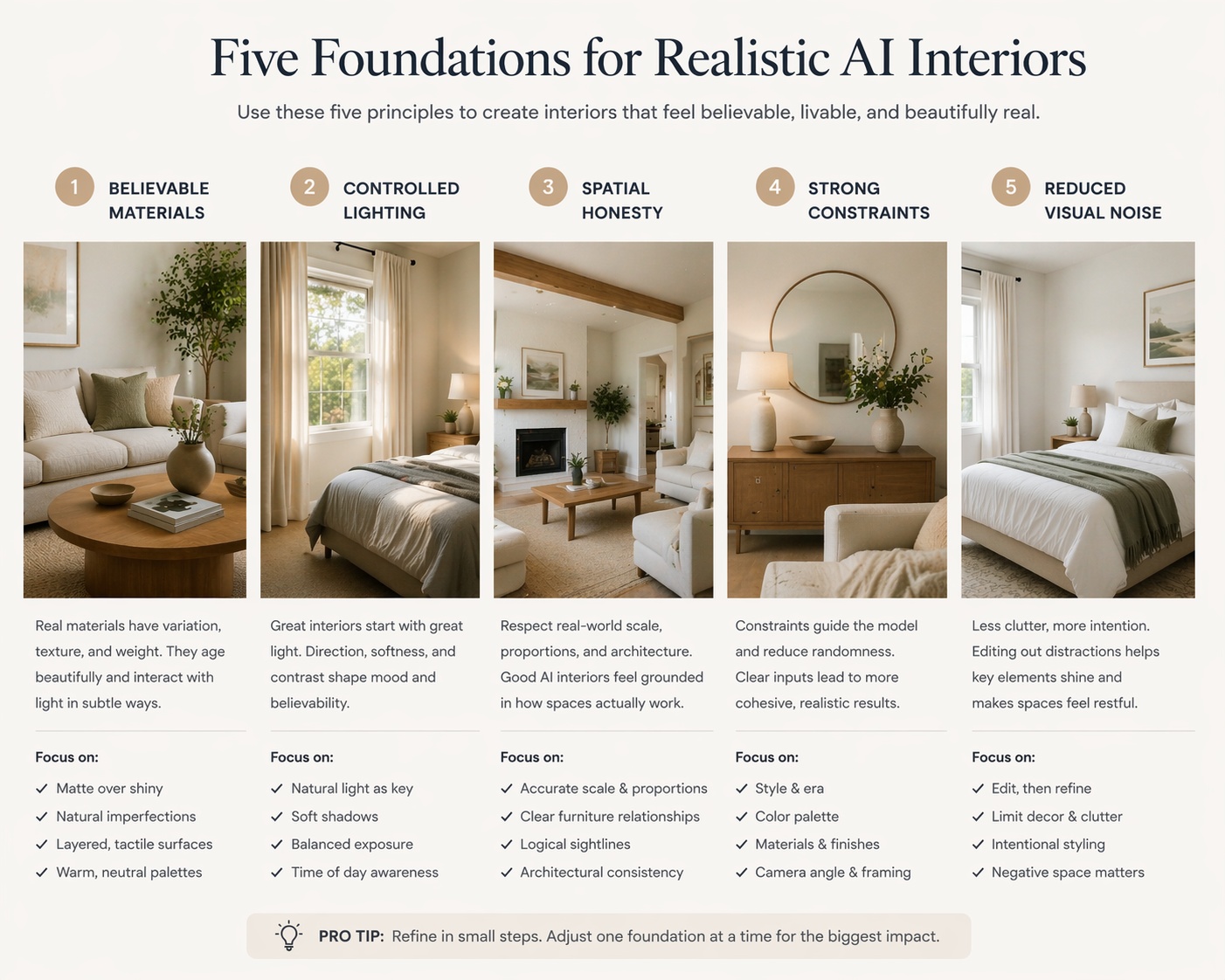 Educational visual showing the main factors that make AI interiors feel realistic: materials, lighting, scale, constraints, and reduced noise
