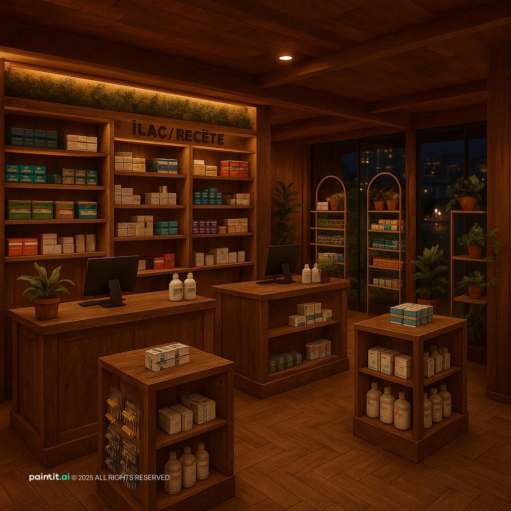 Cozy pharmacy with dark wooden shelving and warm lighting