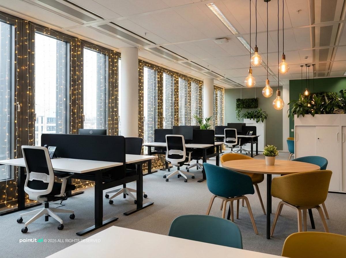 Modern open office with rows of white desks, mesh chairs, round café tables and pendant lights by brick windows