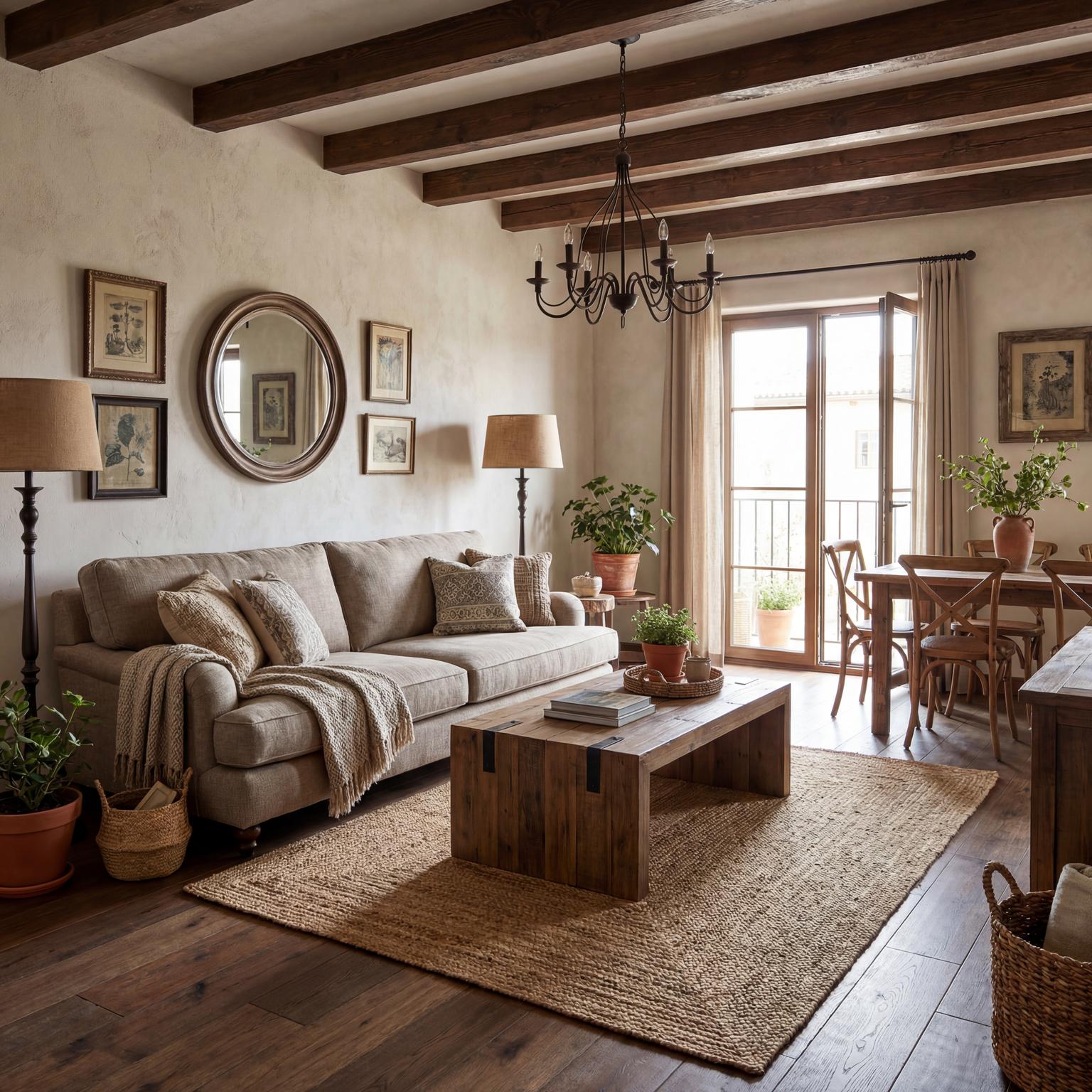Cozy rustic 70s inspired living room design ideas, blending bohemian comfort with natural elements and a laid-back, inviting mood.