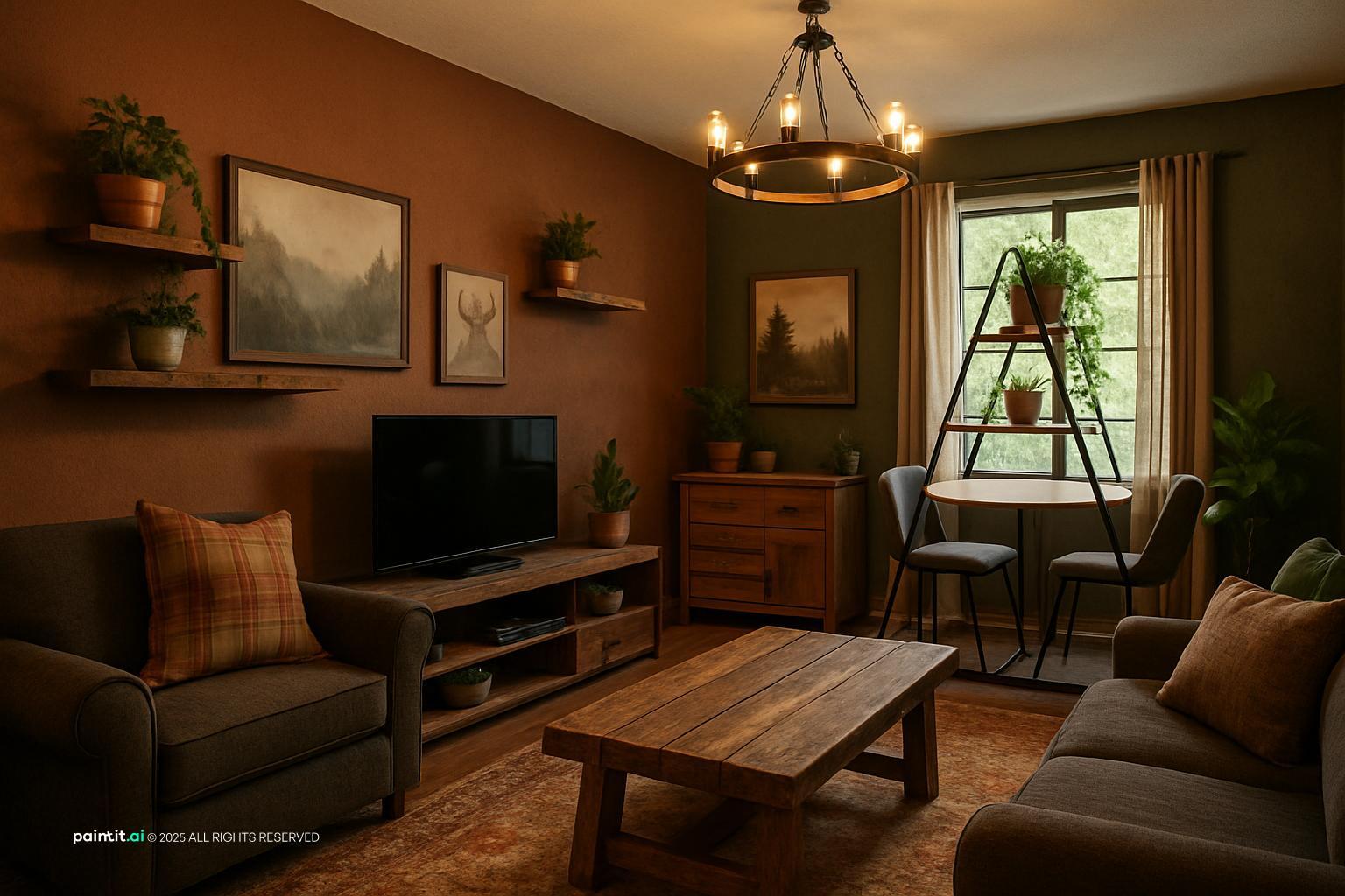 Earthy living room with rust walls, an olive sofa, wooden furniture and a chandelier