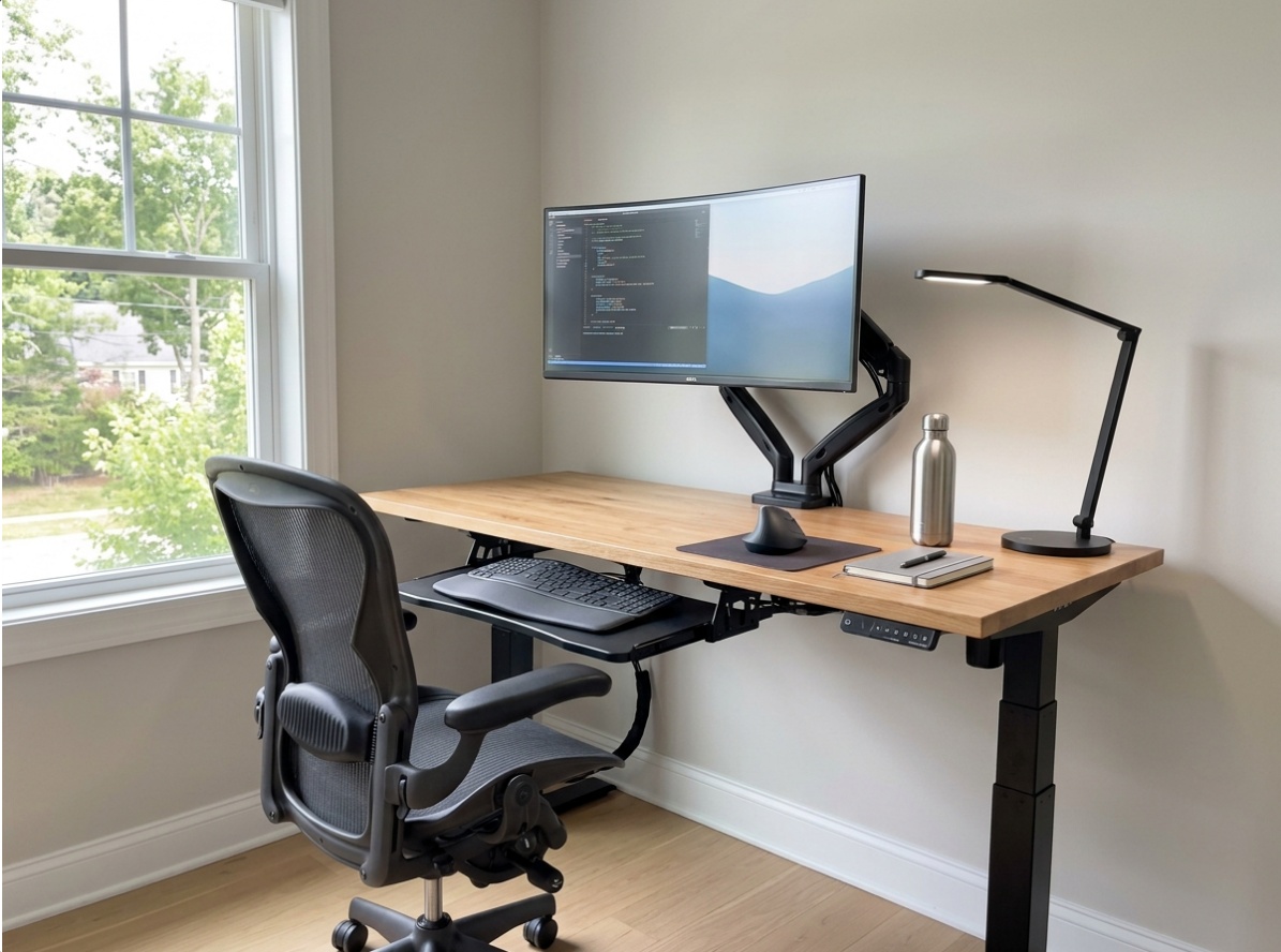 Ergonomic home office with electric sit-stand desk, adjustable mesh chair, monitor arm at eye level, and clean cable management by a window