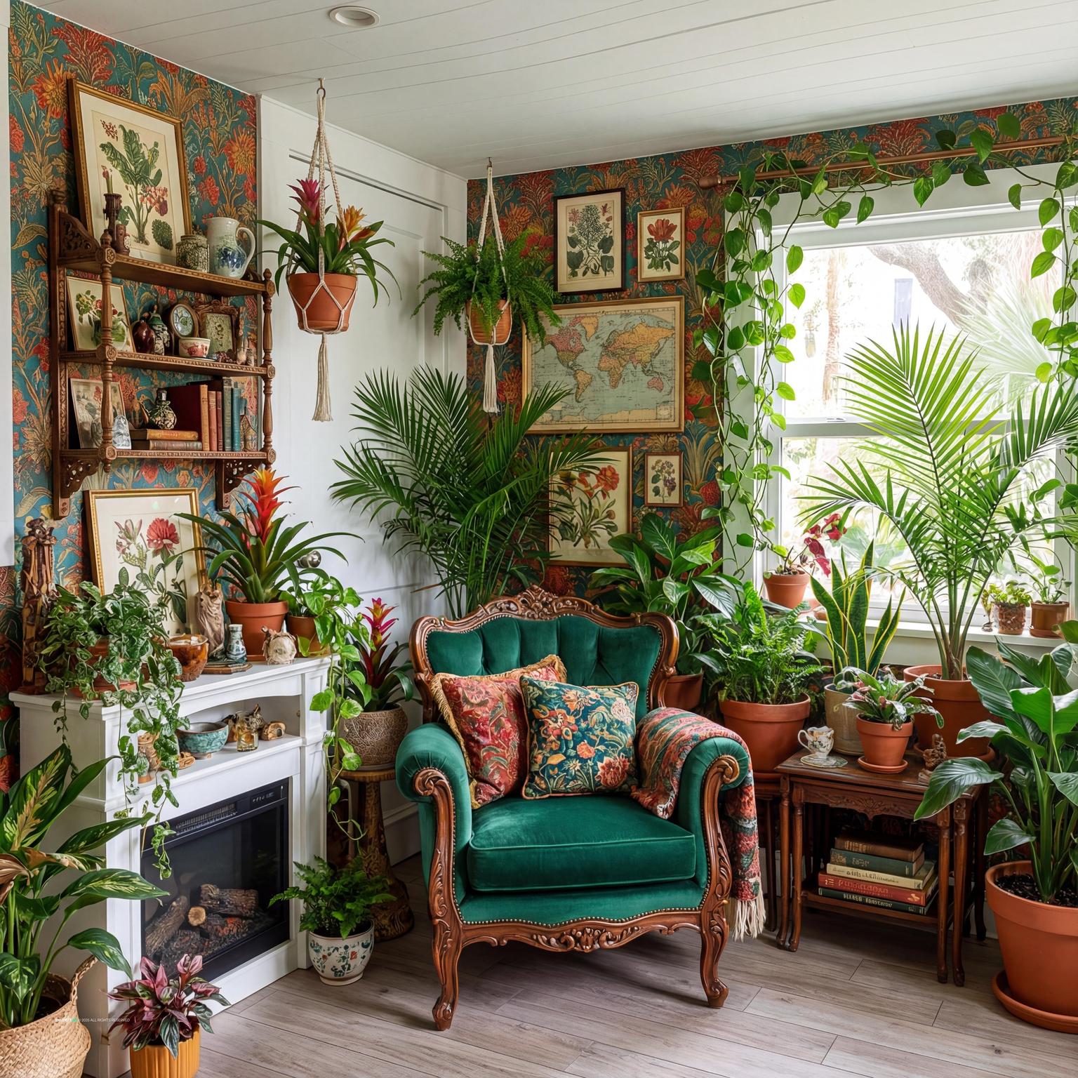 Garden room decorating idea with botanical wallpaper, framed prints and a green velvet armchair