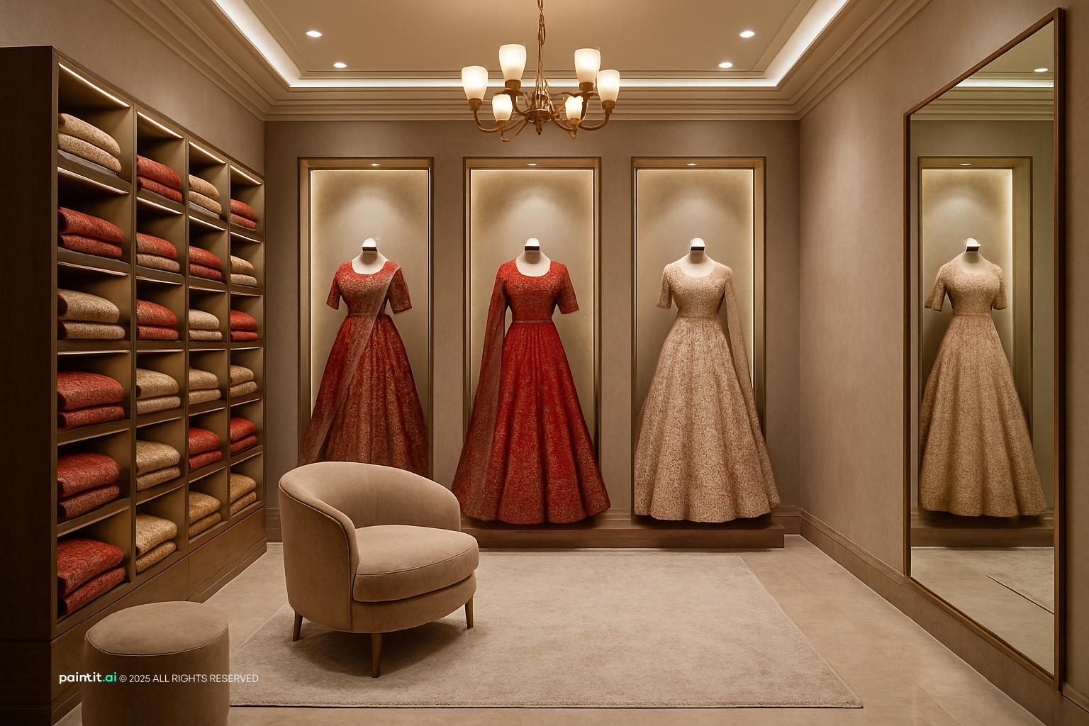 Bridal wear showroom with lit shelves of folded fabric and dresses on mannequins