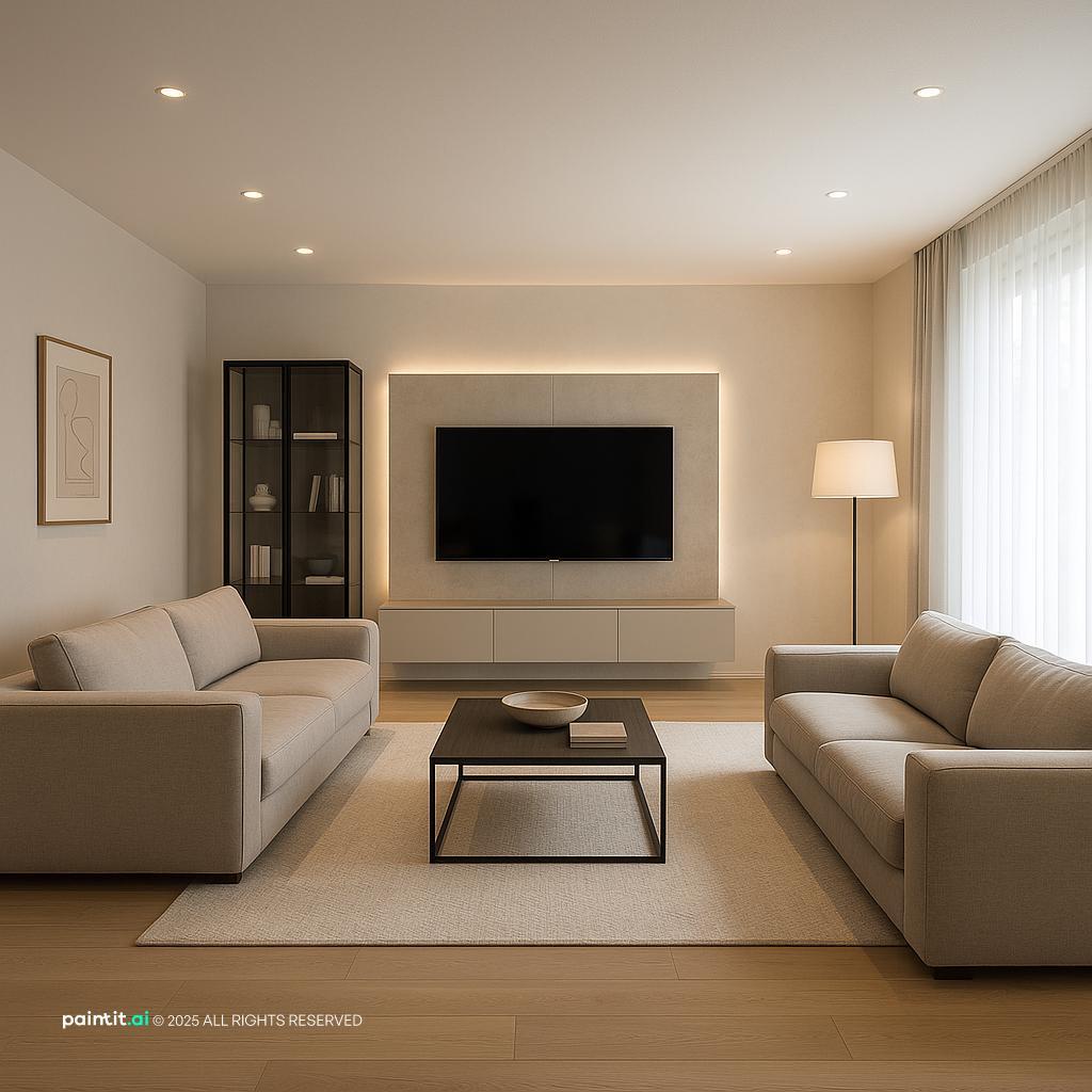 Contemporary 40-meter long living room design showcasing distinct zones with modern furniture and lighting, perfect for spacious layouts.
