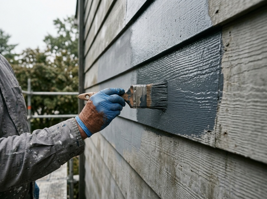 Exterior paint being applied to fiber cement siding under humid Florida weather conditions.
