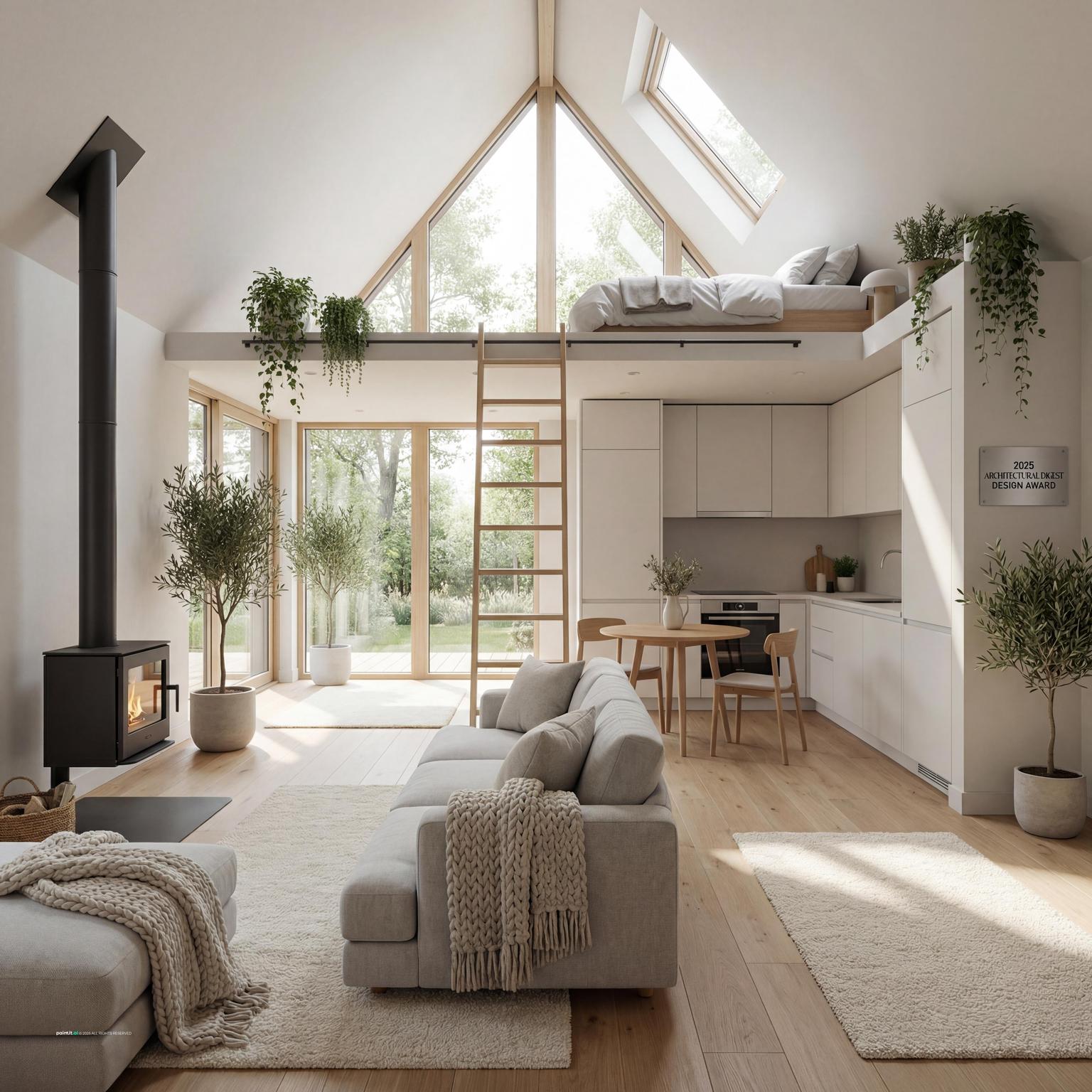 Modern A-frame cabin interior with triangular windows and Scandinavian furniture