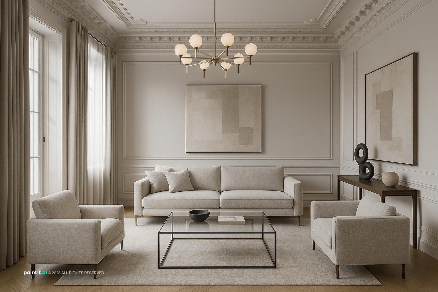Elegant Neoclassical Living Room Design with neutral palette and light oak and a calm living room atmosphere.
