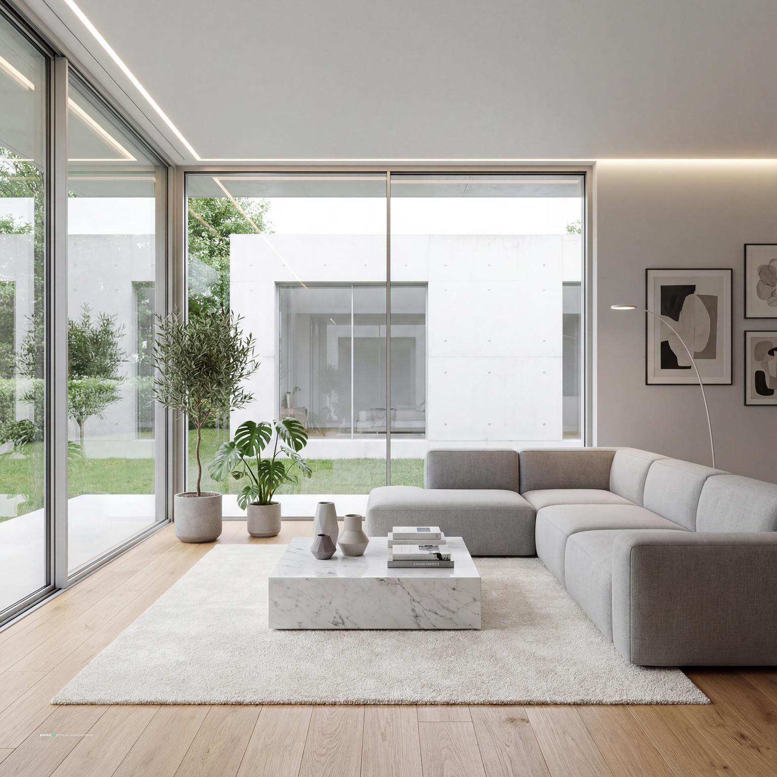 Scandinavian L-shaped family house floor plan, naturally dividing space for functional double living room ideas and family activities.