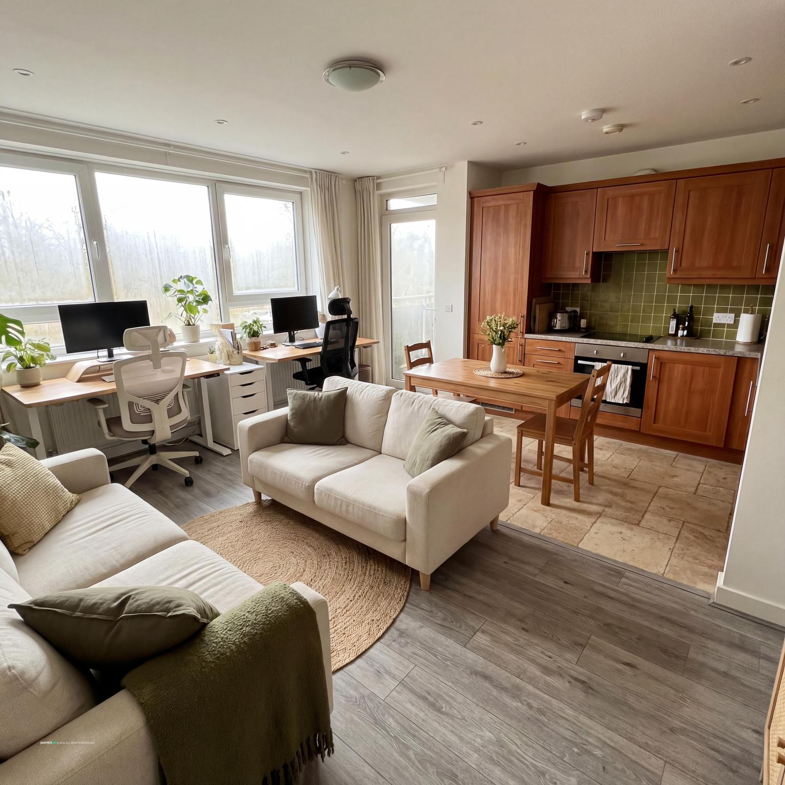 Stylish small apartment interior design, optimizing a long narrow living room with modern aesthetics and practical solutions.
