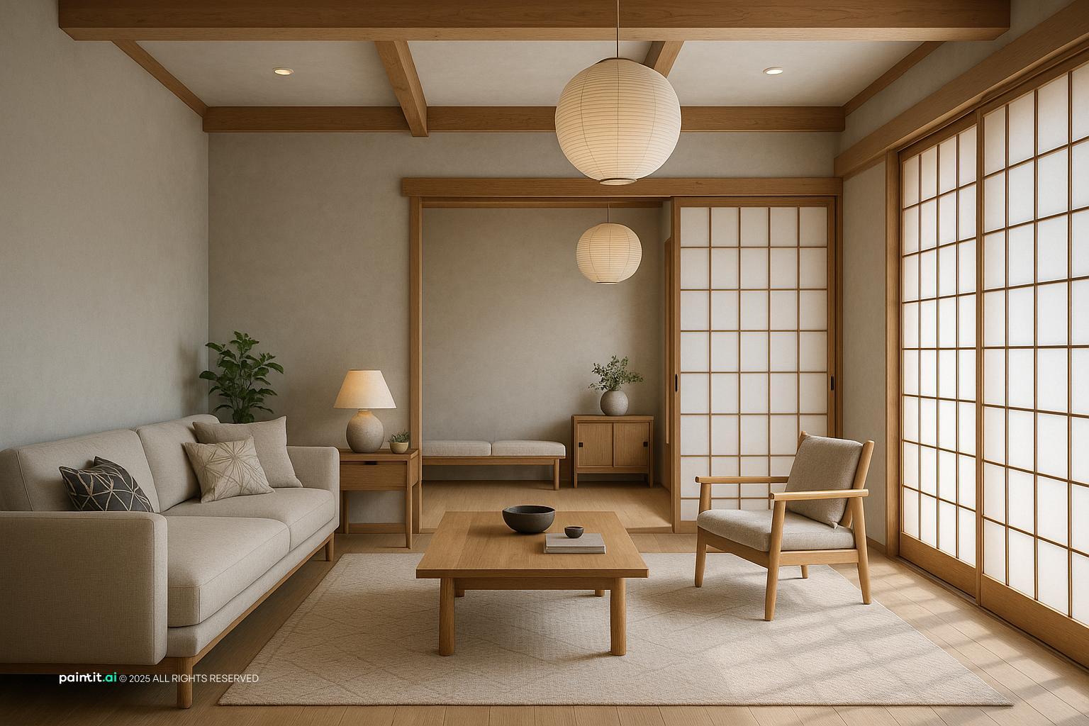 Contemporary Japanese Zen living room with farmhouse aesthetics, shoji screens, and zen-like balance.