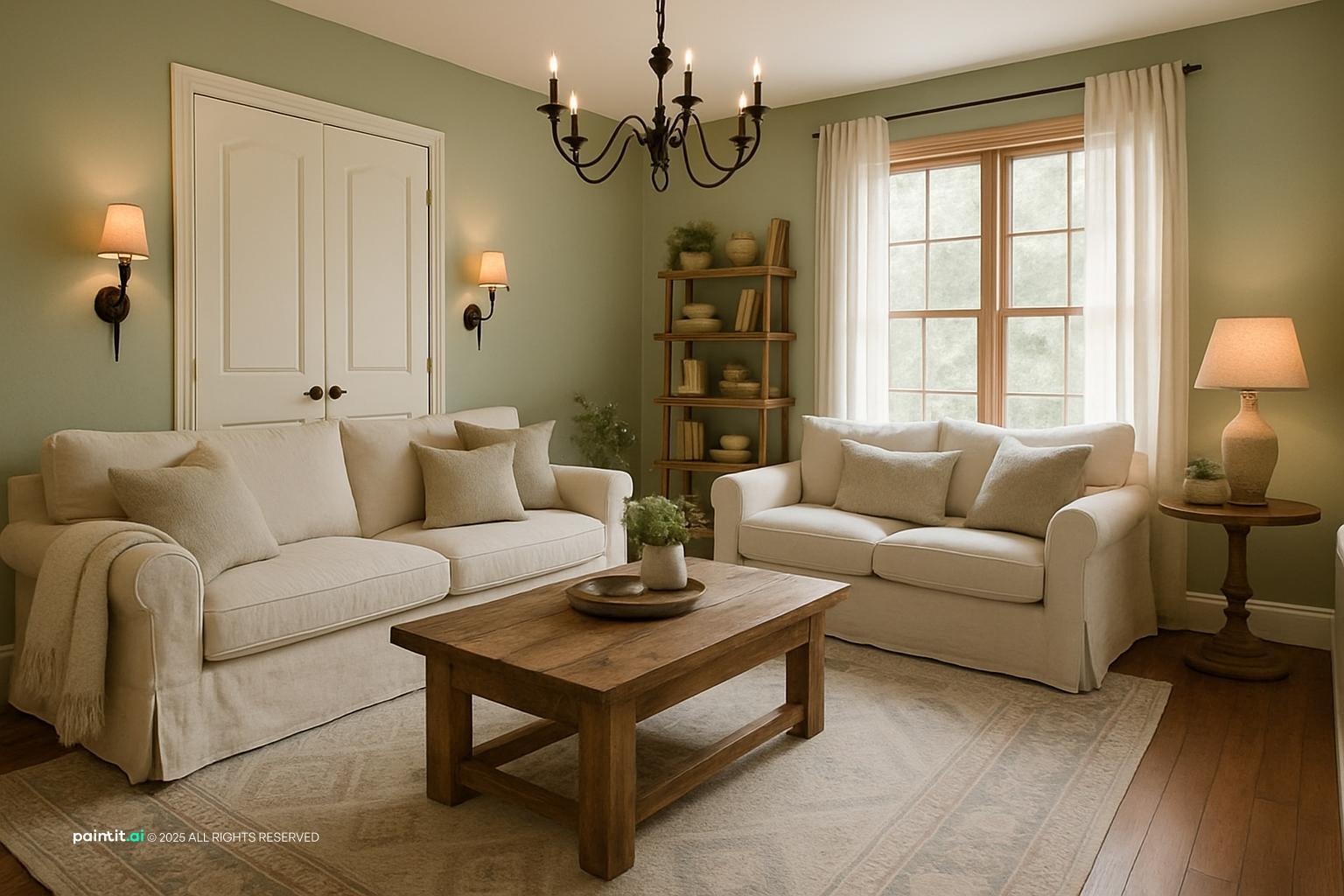 Small vintage living room with sage walls, a cream sofa, a wooden coffee table and a chandelier