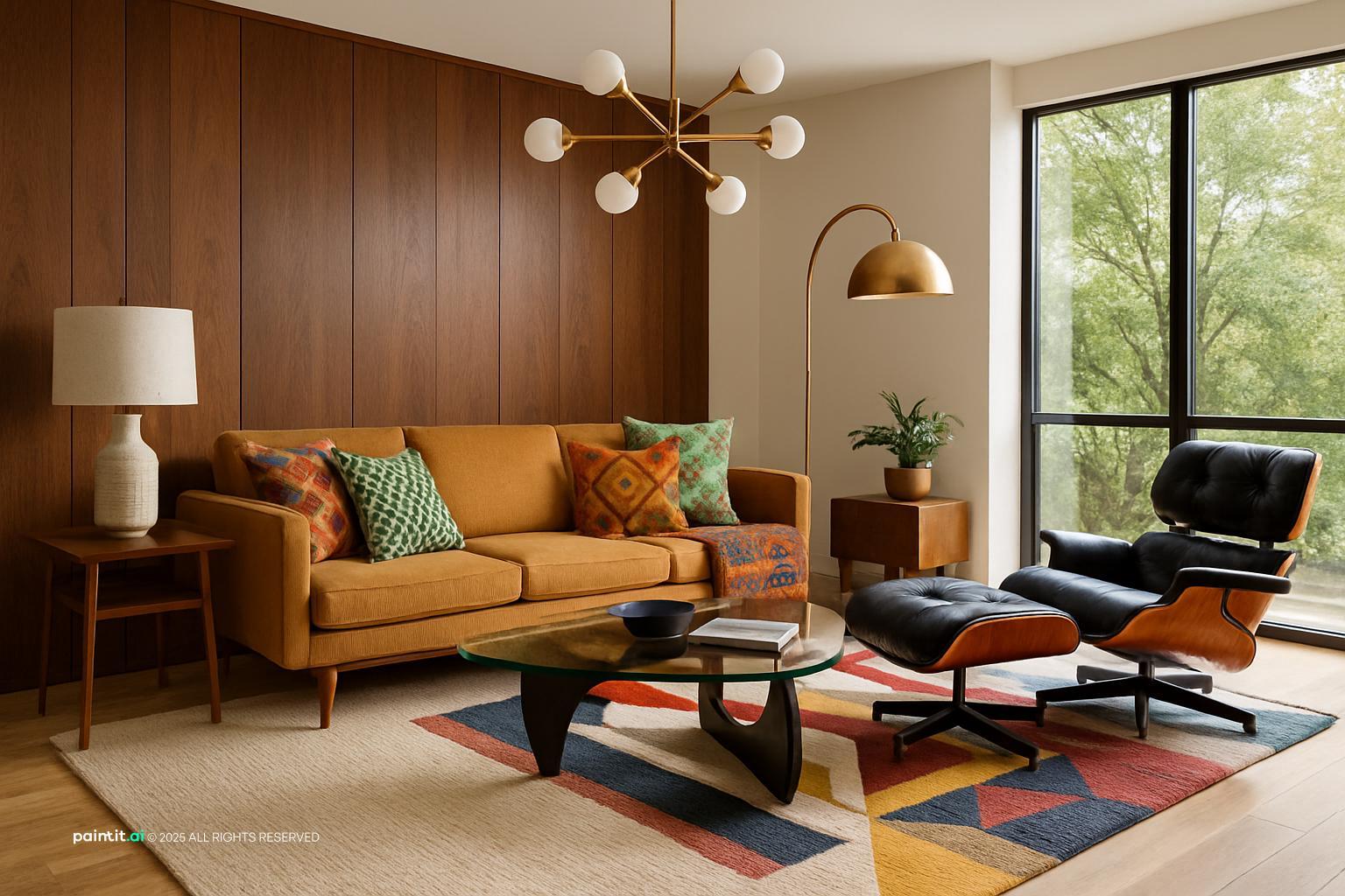 Mid century living room with a mustard sofa, a lounge chair, a sputnik light and a glass table