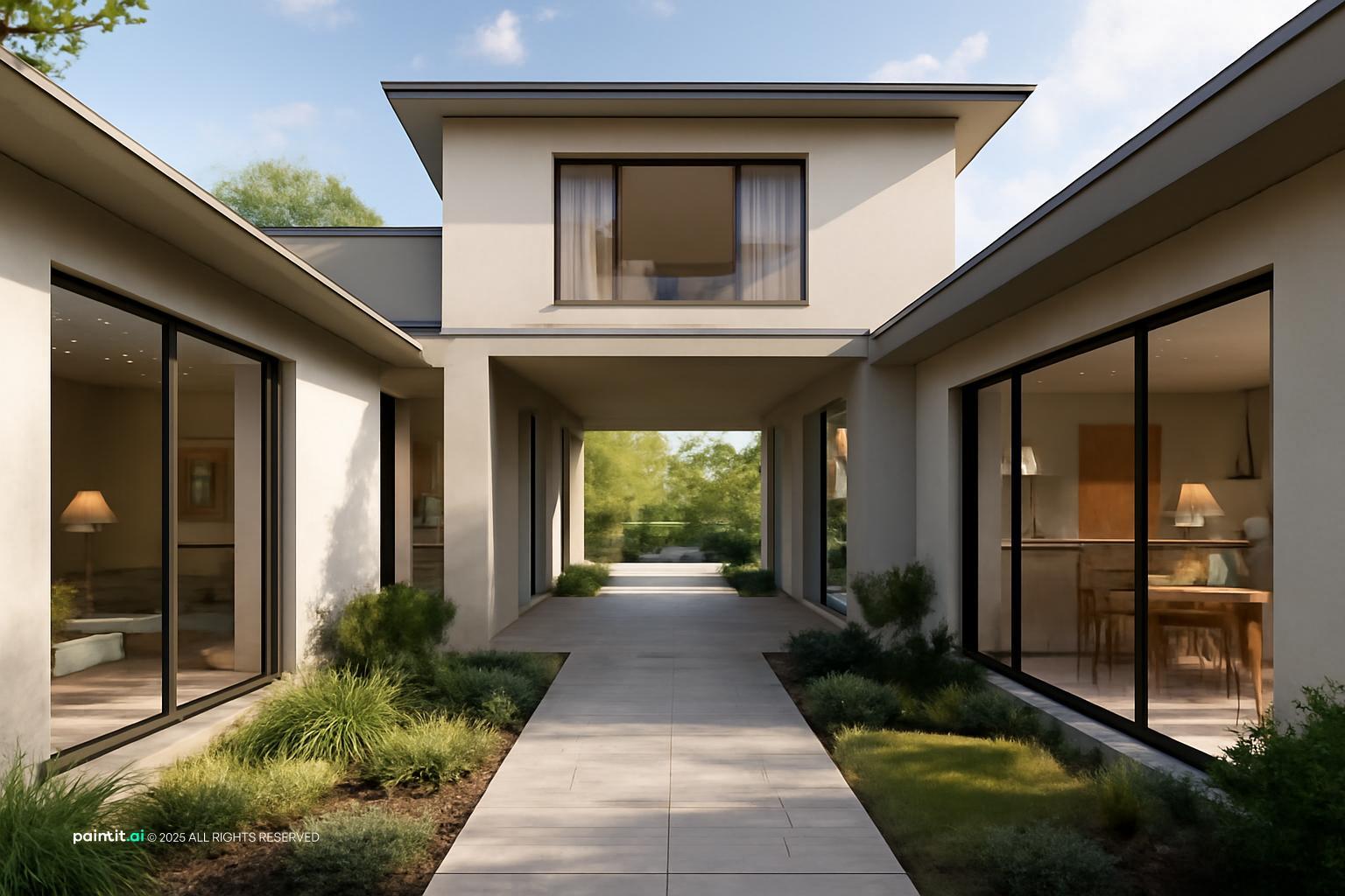 Modern Duplex Bungalow with Open Corridor Design with clean lines and a calm living room atmosphere.
