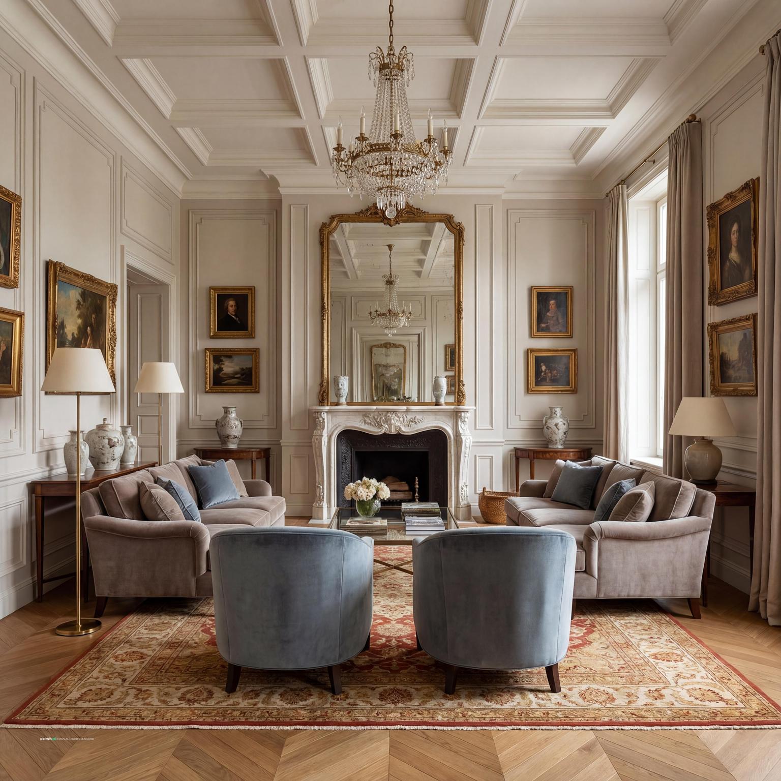Elegant Neoclassical living room design, showcasing refined symmetry, classical architectural elements, and a sophisticated 1930s aesthetic.