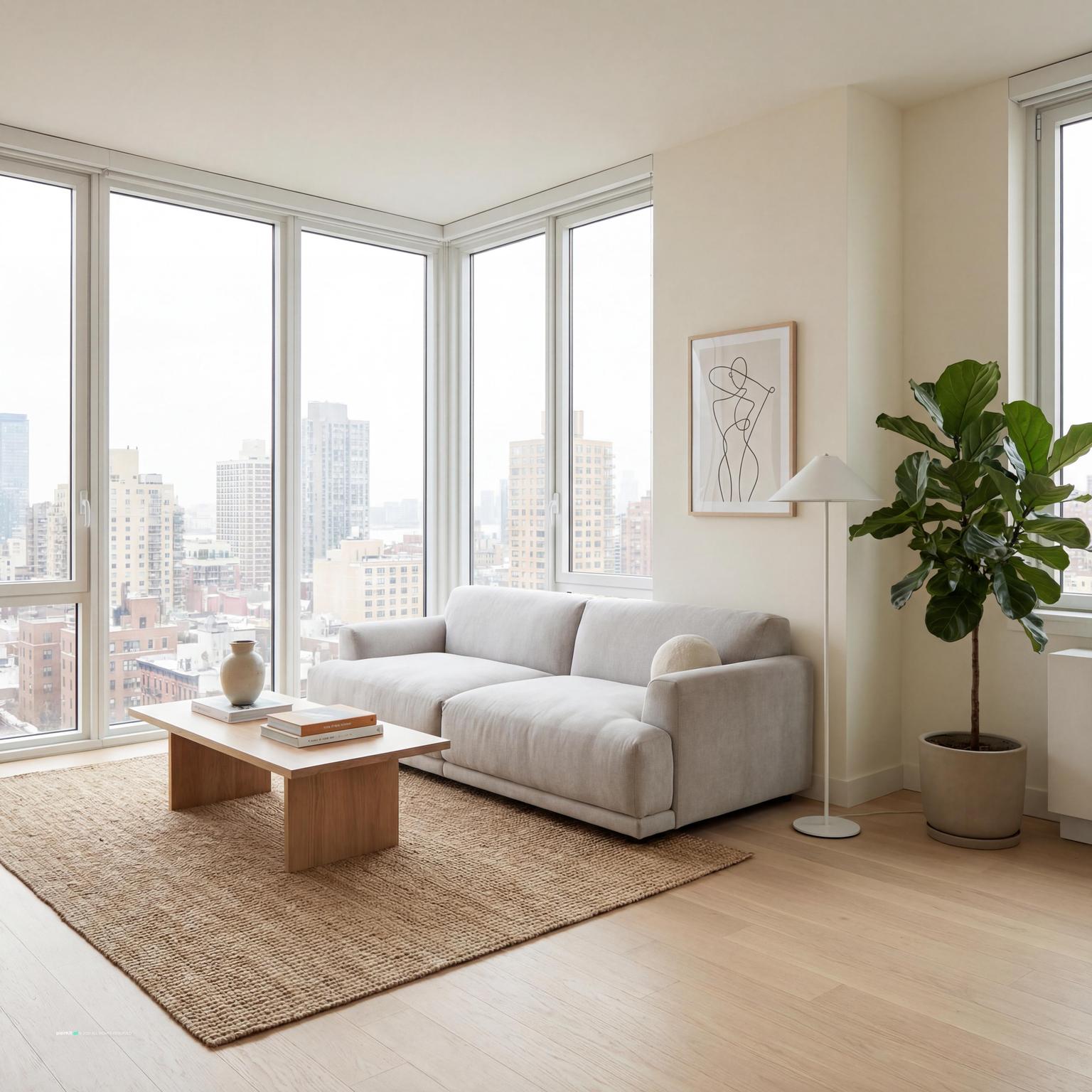 Cute minimalist living room design for studio apartments, optimizing small spaces with smart, stylish, and cozy elements.