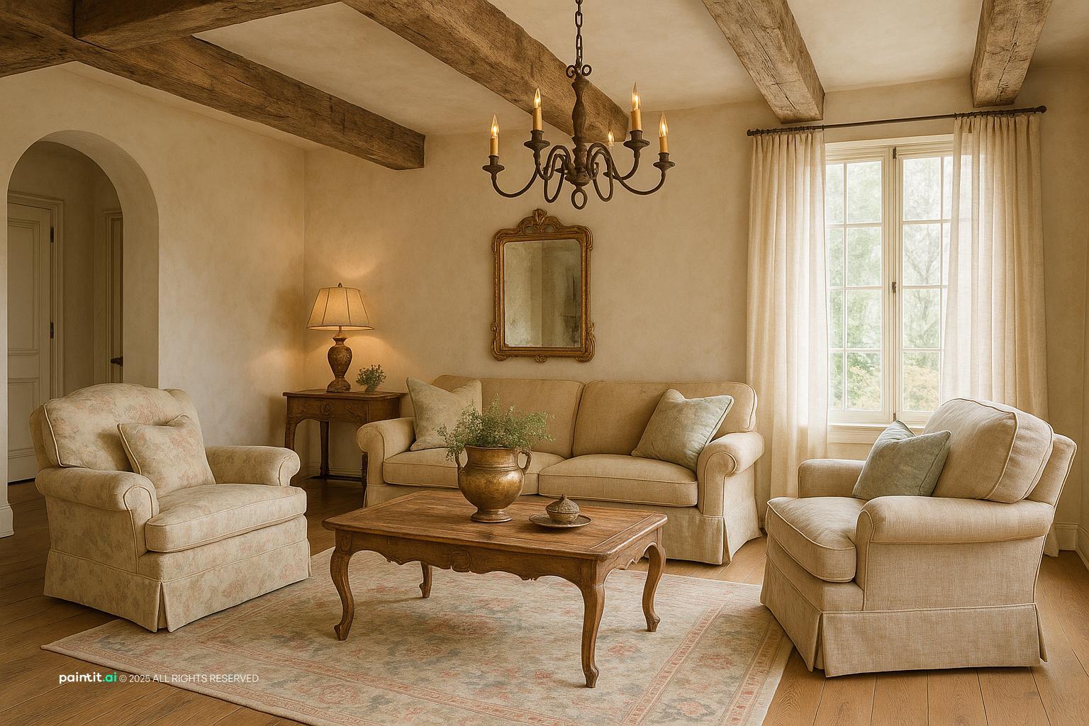French country living room with rustic wood beams, a pastel upholstered sofa, armchairs and a chandelier