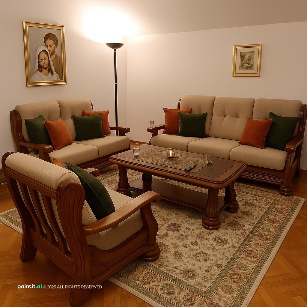 Earthy living room with wooden-framed sofas, olive cushions and a patterned rug