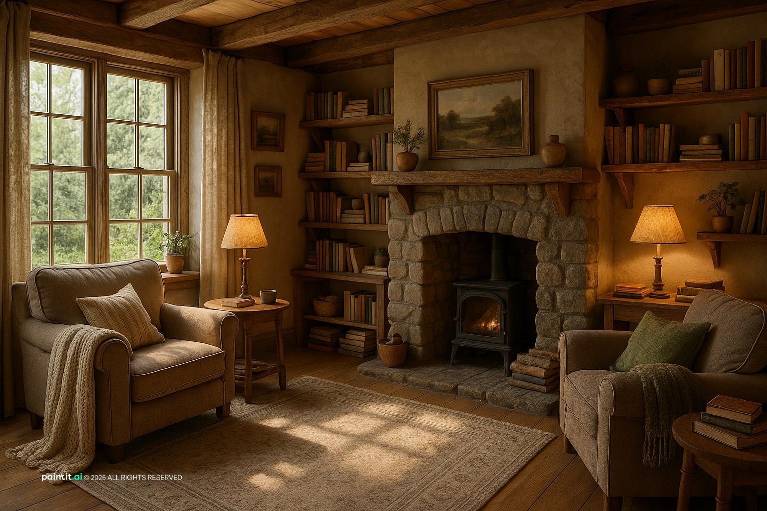 Cozy cottage reading room with a stone fireplace, timber beams, bookshelves and two armchairs