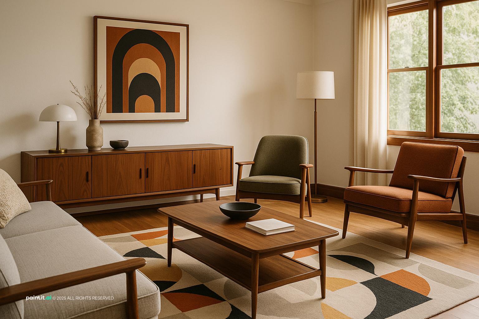 Mid-Century Modern Living Room Design with Warm Wood showing warm wood, natural light for Living Room Trends 2026.