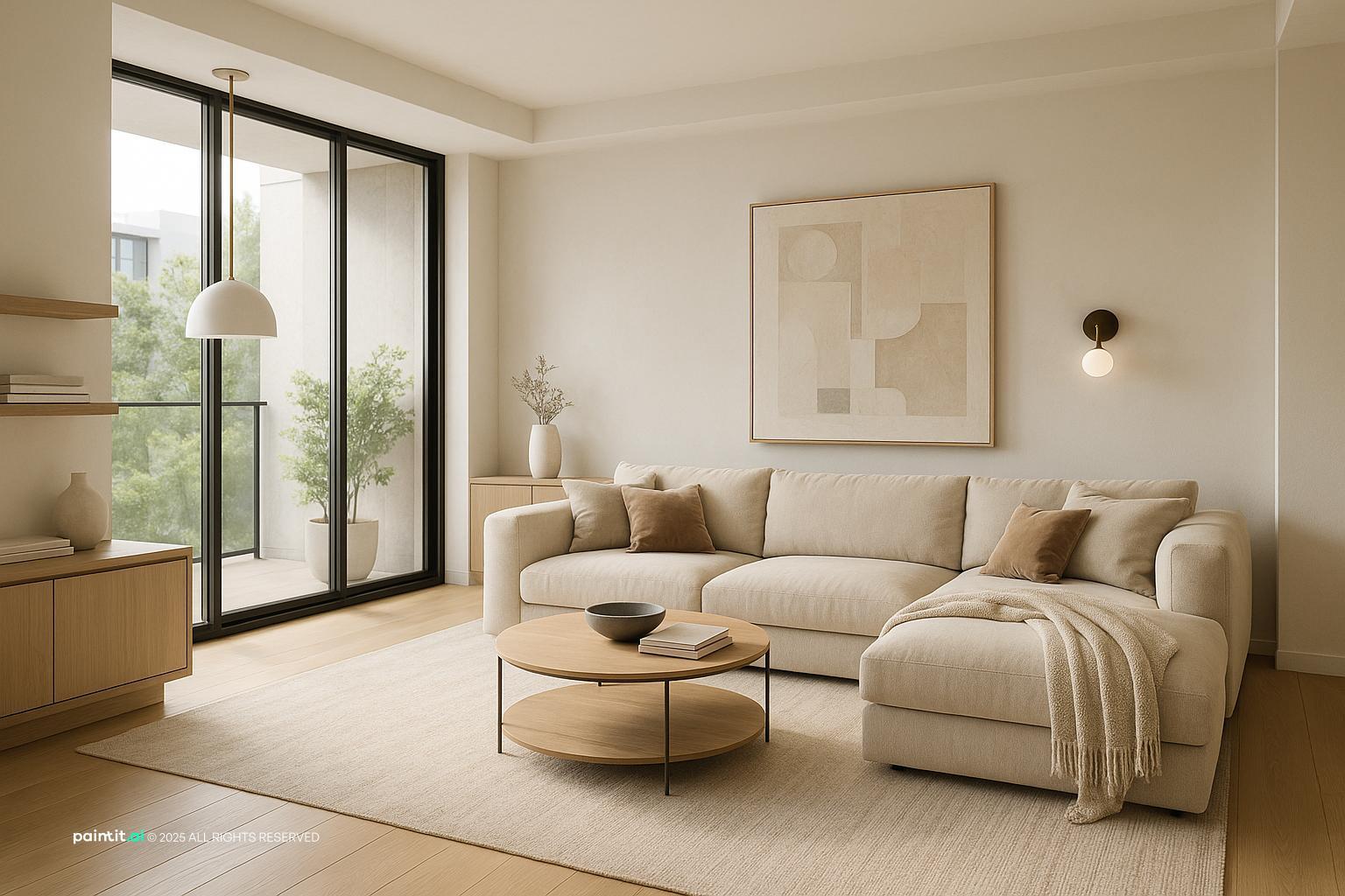 Cozy Modern Living Room Design 1950s living room with natural textures and a calm living room atmosphere.