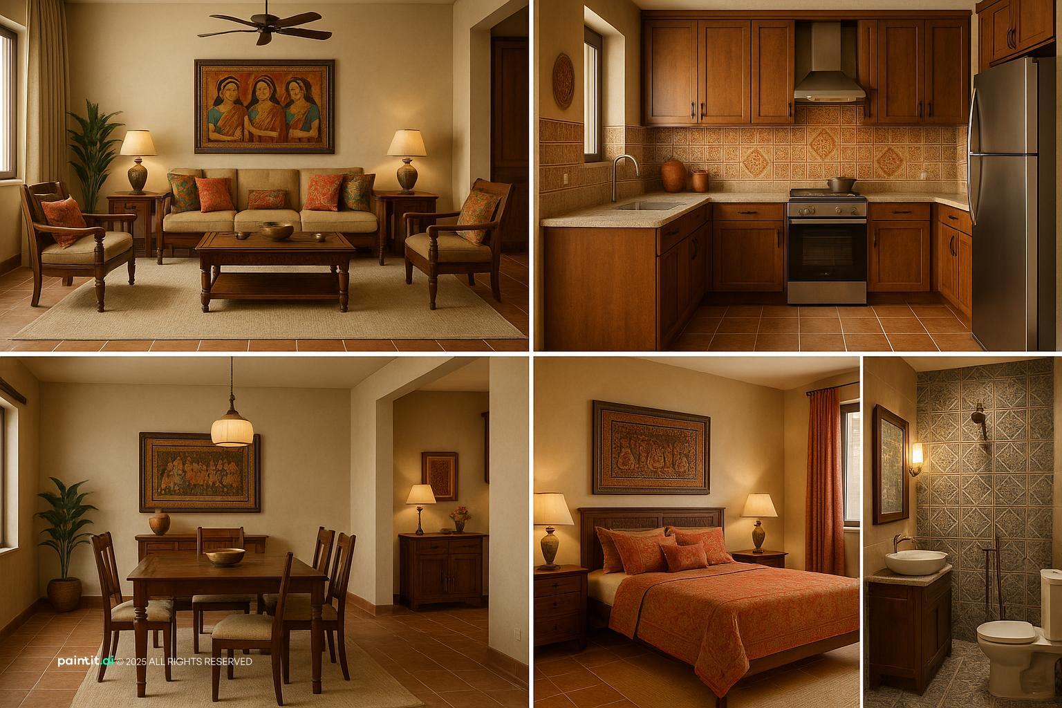 Modern Indian-Style 2BHK living room decor for apartment, rich wood, vibrant textiles, and traditional art.