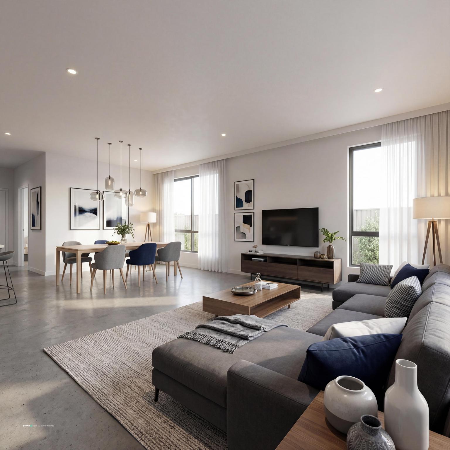 Modern Living Room & Dining Area Design navy blue and burnt orange living room