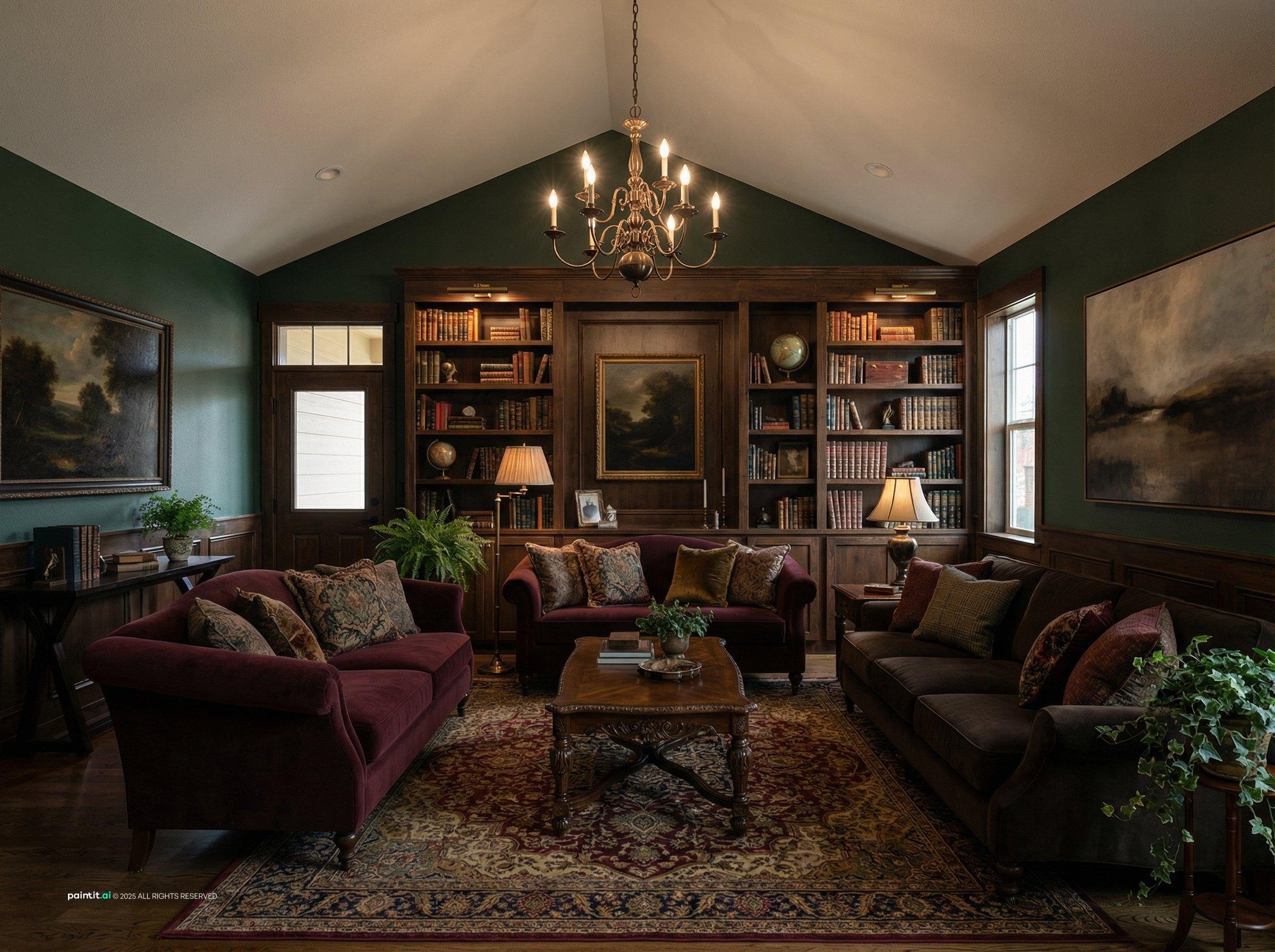 Living room with deep green walls, burgundy sofas, full bookshelves and warm lamp light