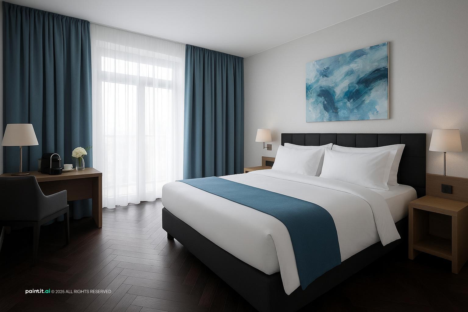 Modern hotel room with a dark herringbone floor, light grey walls, blue curtains and a blue bed runner