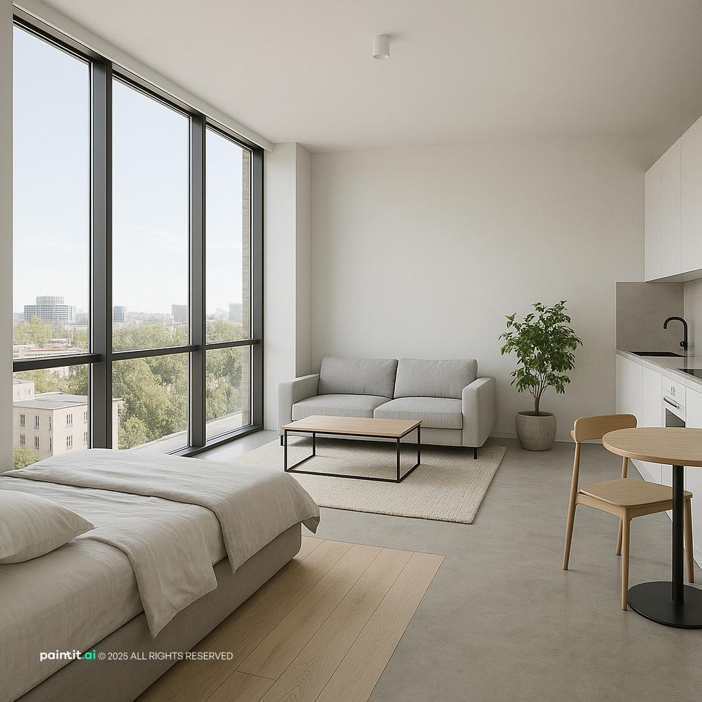 Minimalist small apartment with light palette and open layout